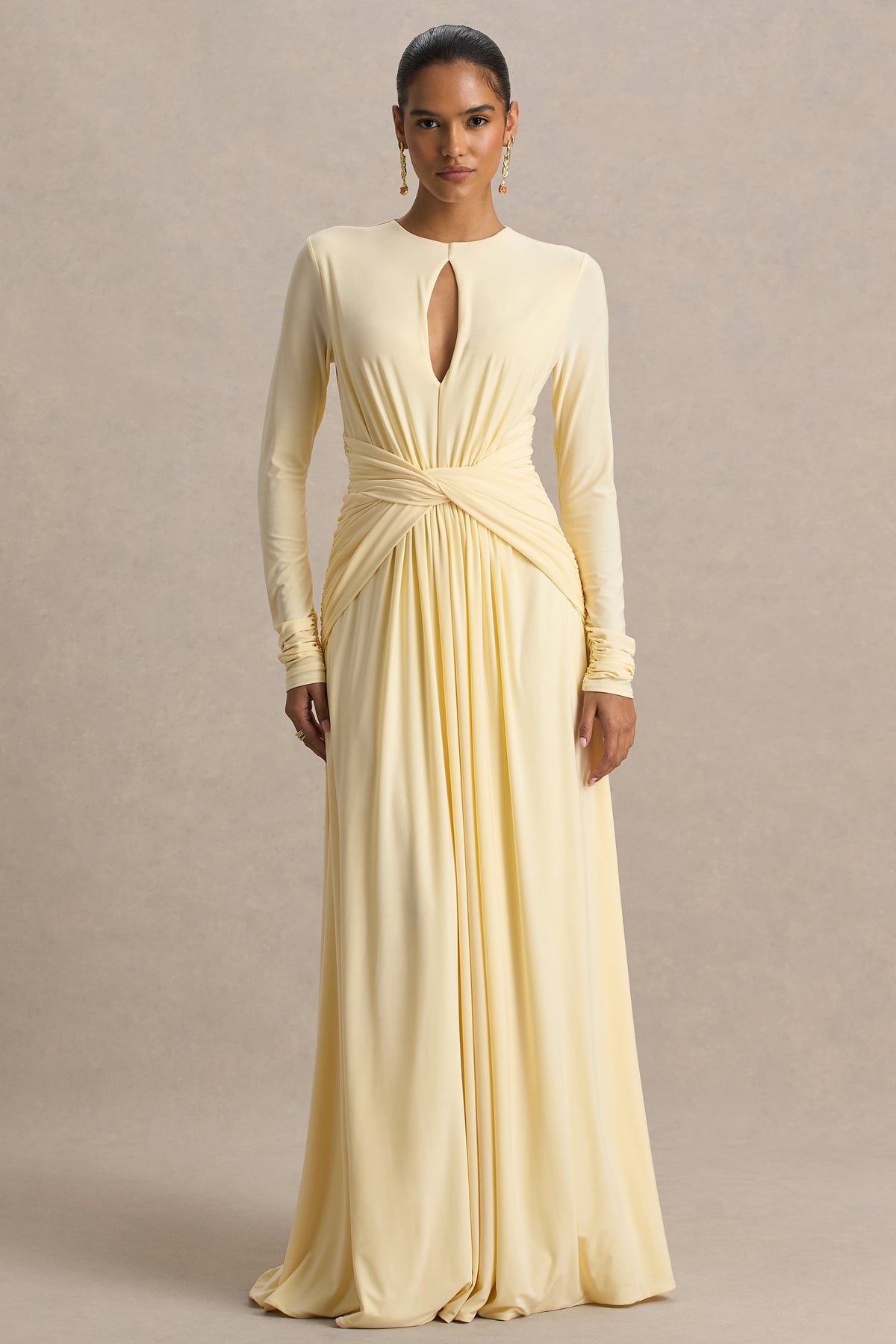lemon ruched dress Lemon Ruched Strappy Open Back Evening Gown Rosies Closet