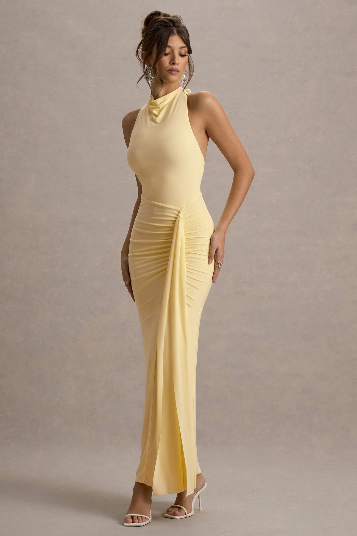 Sunflower Pale Lemon Ruched High-Neck Split Maxi Dress – Club L London