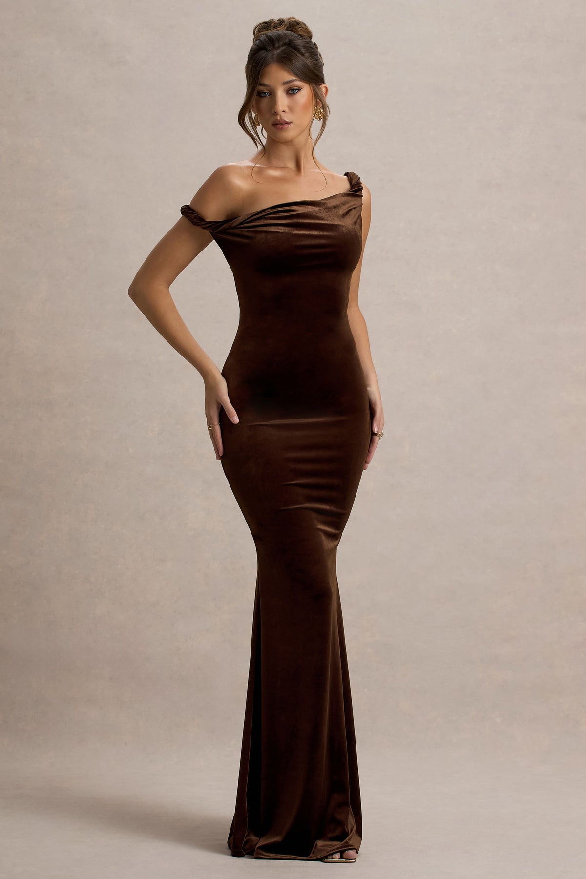 Neeka Brown Velvet Twisted Asymmetric Maxi Dress Club L London - USA Neeka Brown Velvet Twisted Asymmetric Maxi Dress Club L London - USA