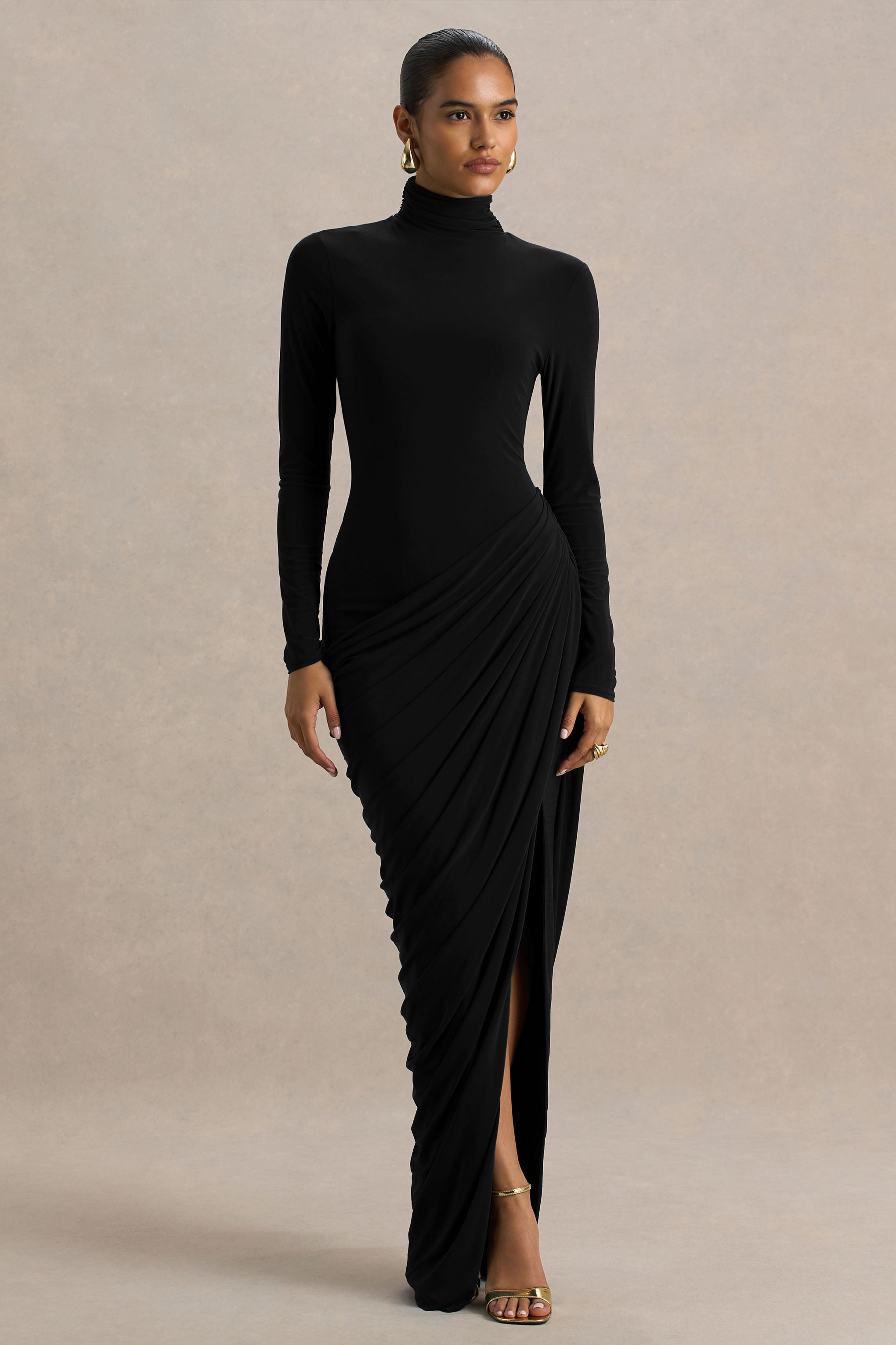 ワンピース TODO WAVE LONG-SLEEVE DRESS HIGH NECK Betsy | Black High-Neck Maxi Dress With Front Split And Ruched
