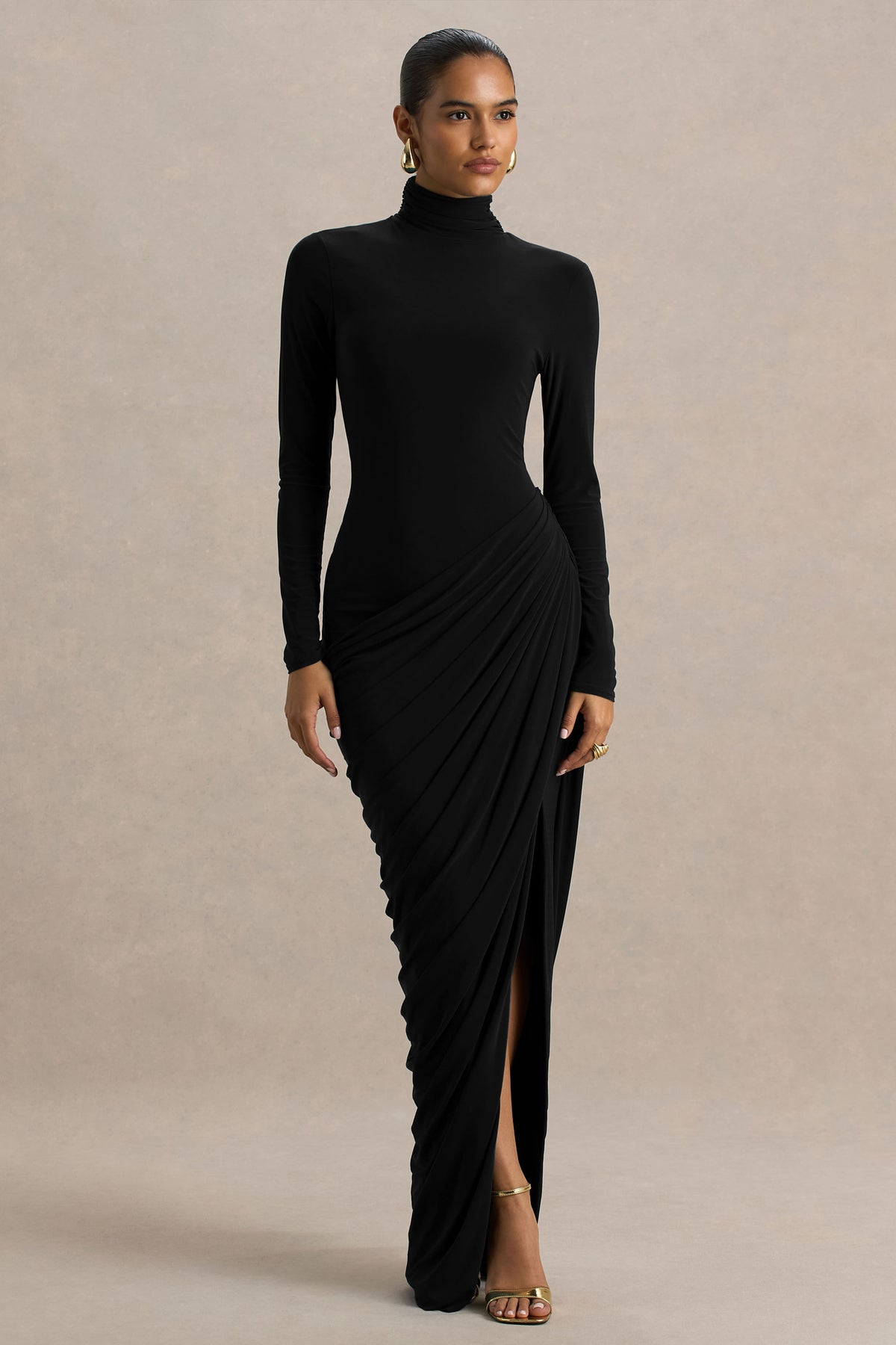 Betsy Black High-Neck Maxi Dress With Front Split And Ruched Detaili