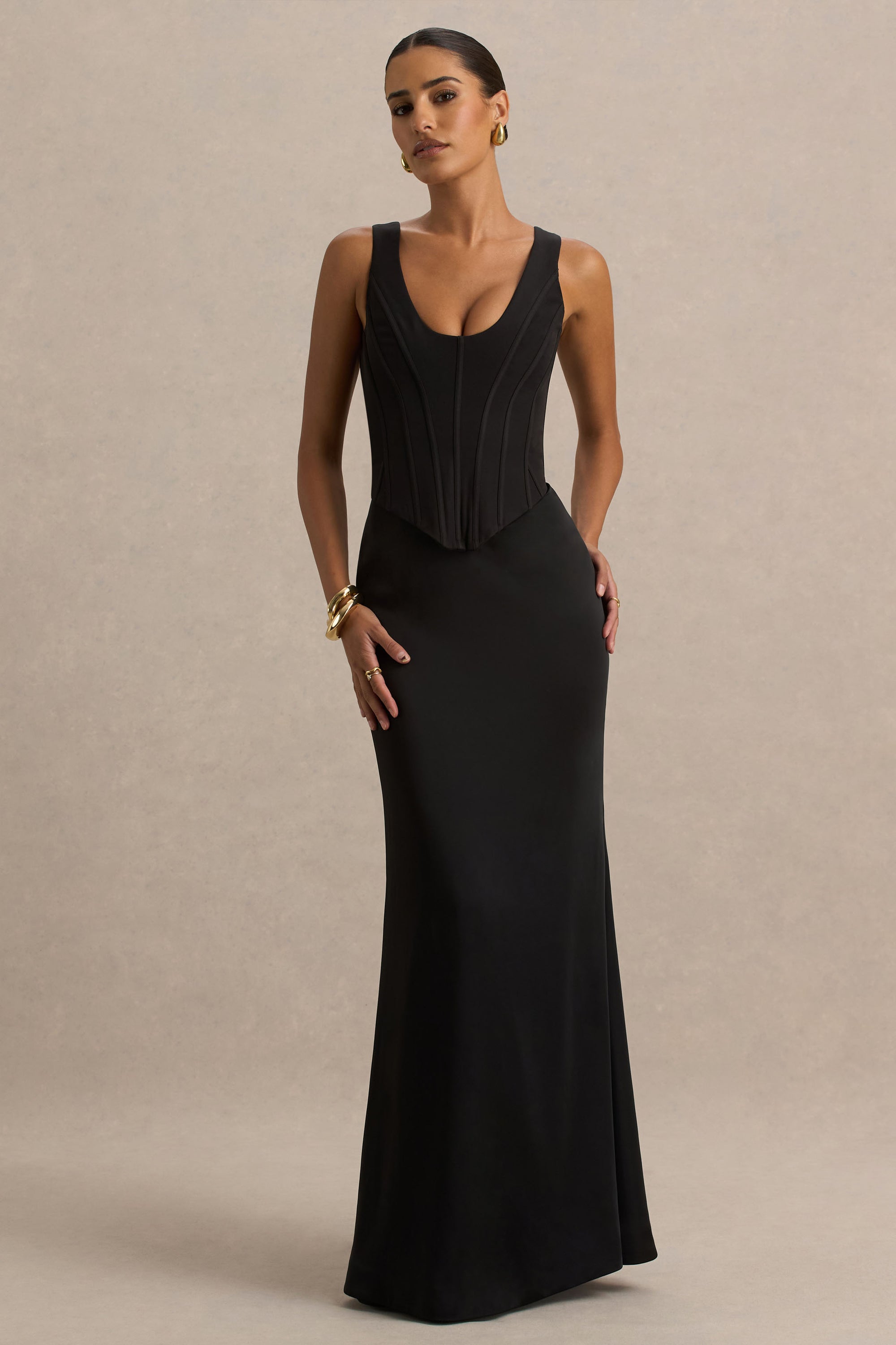 Morgan | Black Satin Corset Maxi Dress – Club L London