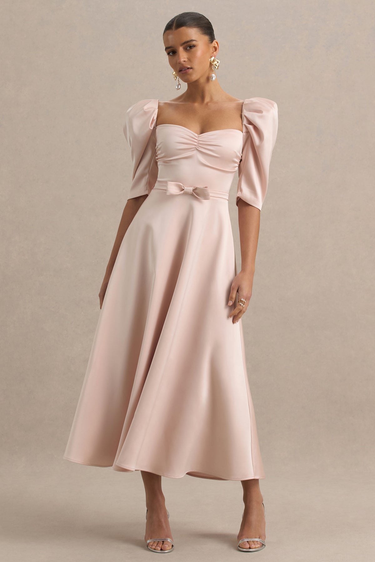 Rosey Pale Pink Satin Sweetheart Midi Dress Club L London - USA Rosey Pale Pink Satin Sweetheart Midi Dress Club L London - USA