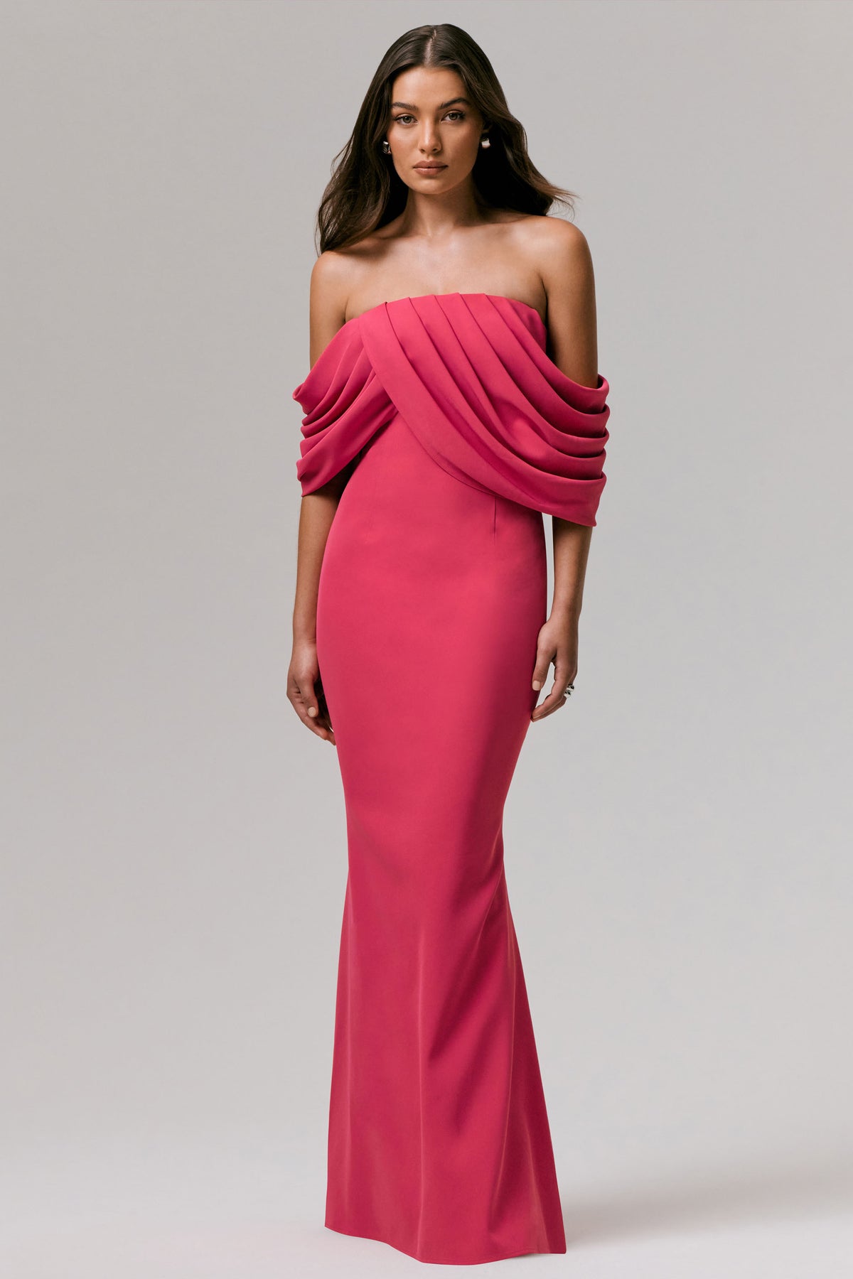 Serene | HOT PINK Draped Bardot Maxi Dress - UK 12 HOT PINK Serene | HOT PINK Draped Bardot Maxi Dress - UK 12 HOT PINK