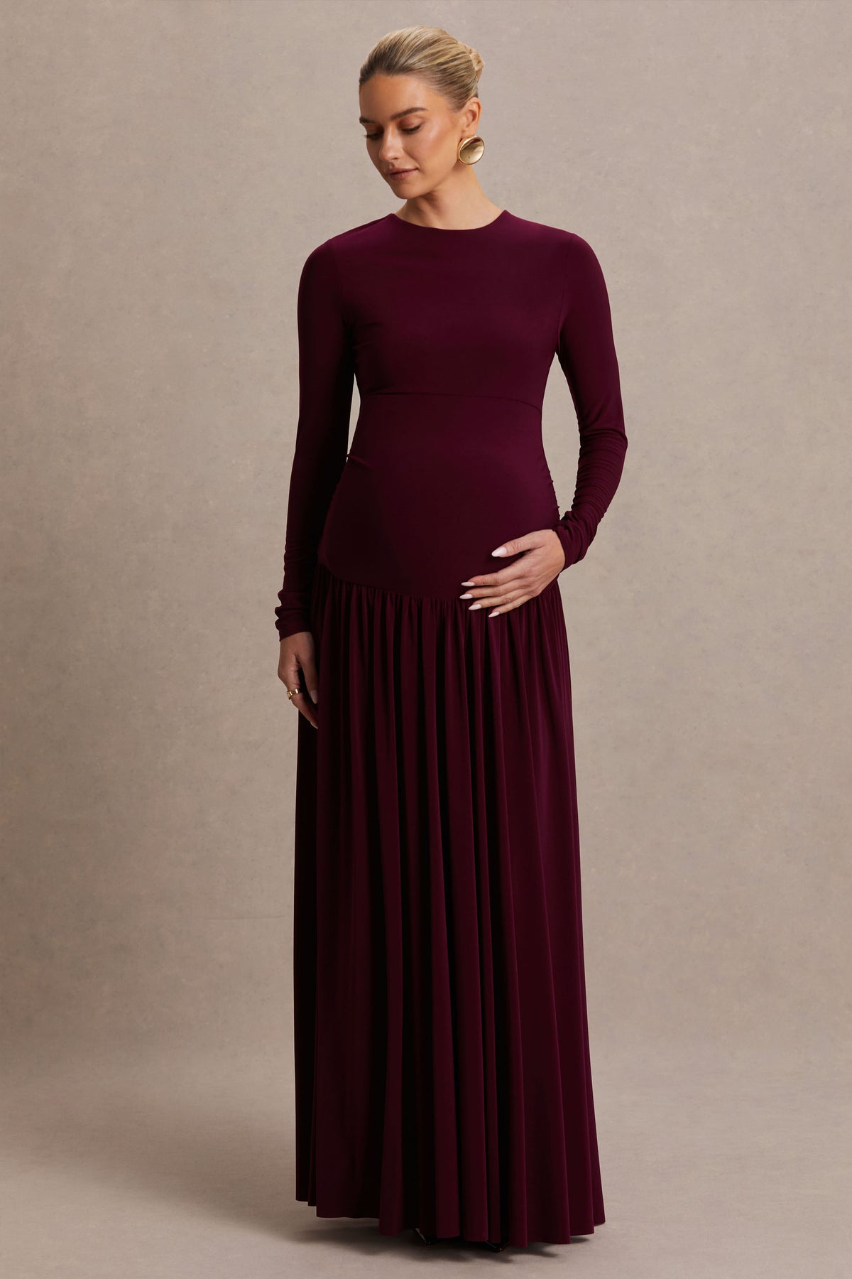 Monroe Burgundy Crew-Neck Maternity Maxi Dress With Drop-Waist Club L London - USA Monroe Burgundy Crew-Neck Maternity Maxi Dress With Drop-Waist Club L London - USA
