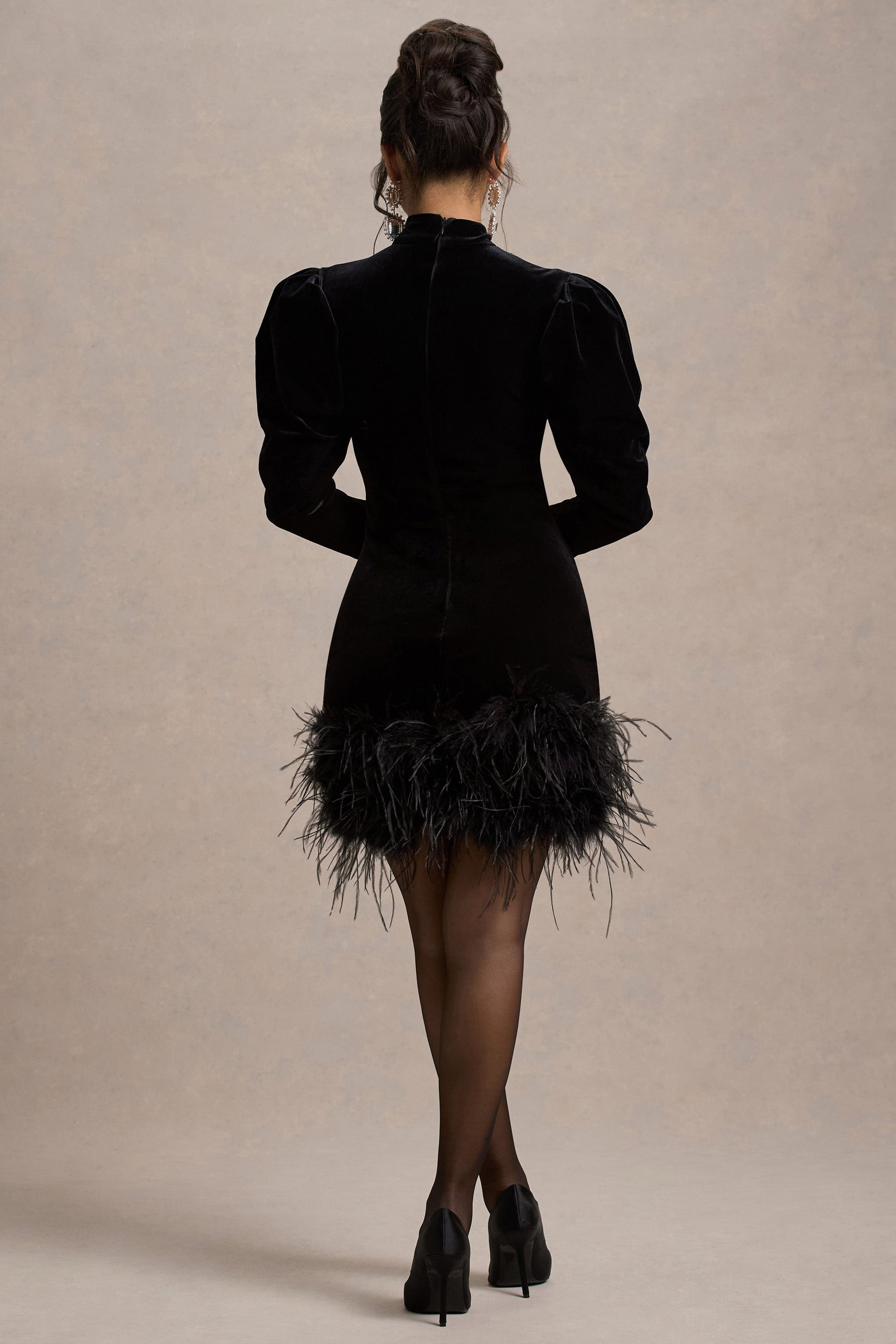 Issa | Black Velvet Long-Sleeve Mini Dress With Feather Trim - Club L London - USA