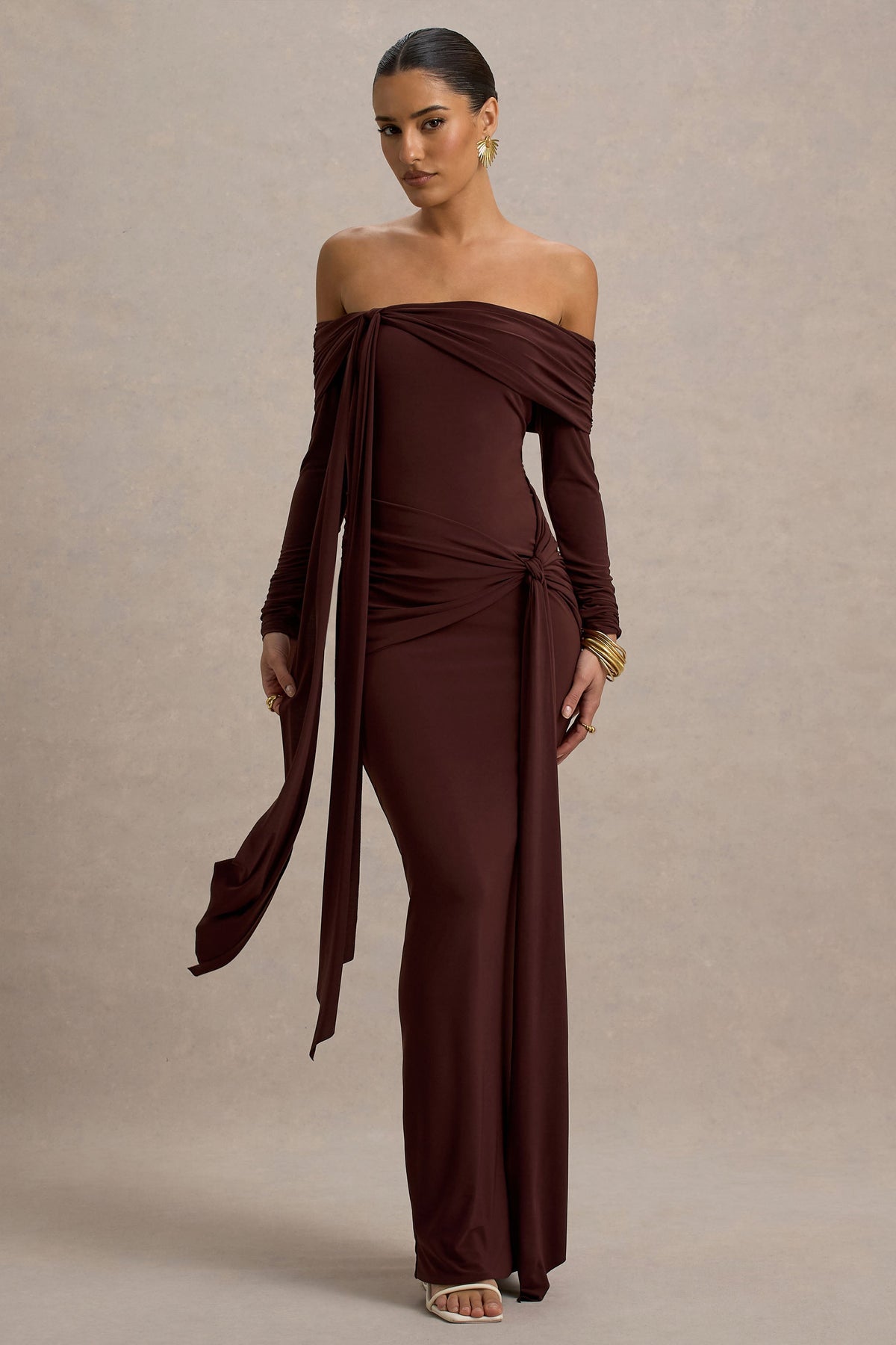 Jovie | Brown Bardot Wrap Maxi Dress With Sash Detail - UK 12 Brown Jovie | Brown Bardot Wrap Maxi Dress With Sash Detail - UK 12 Brown