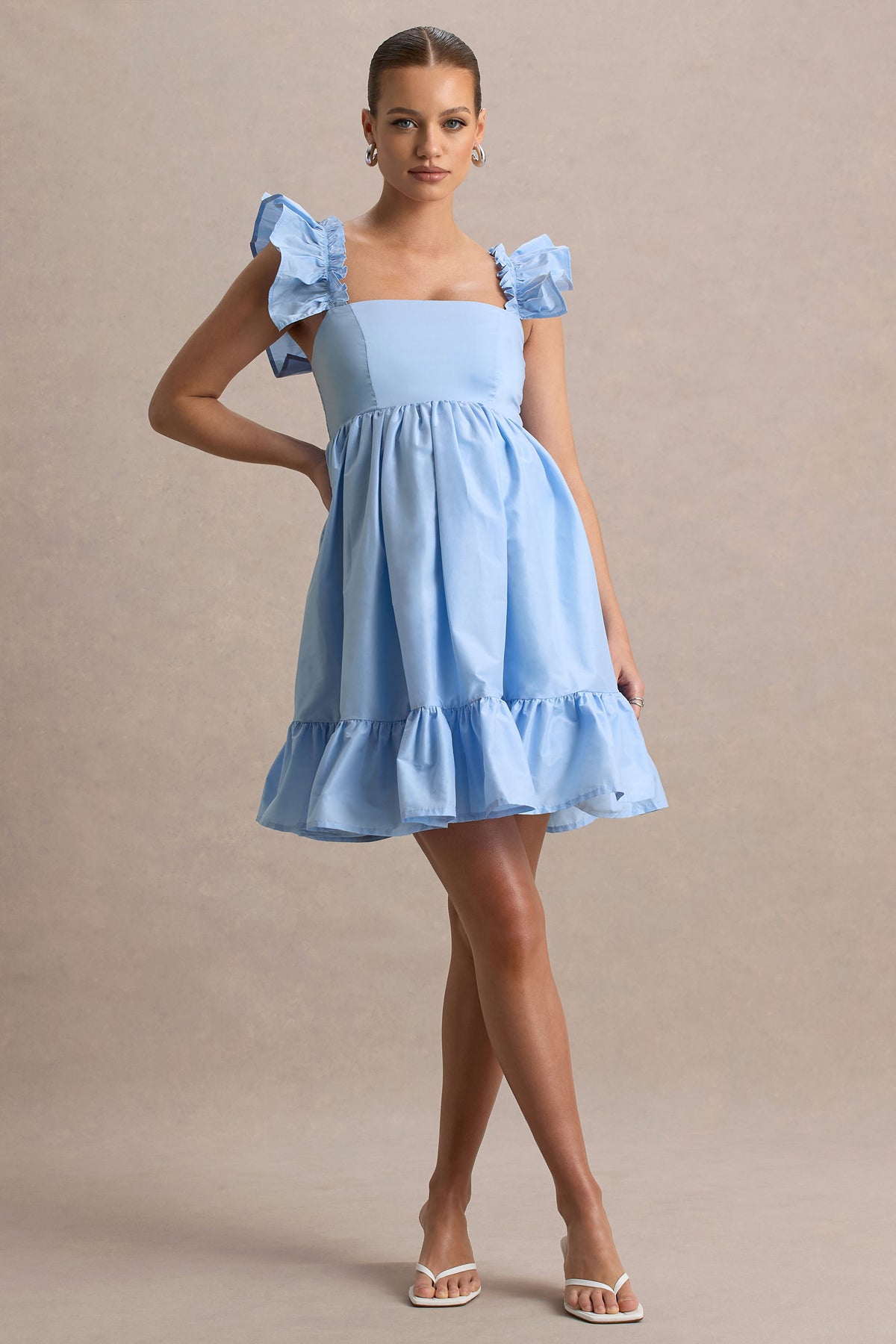 little dolly dresses Dolly Daze Powder Blue Ruffle Sleeve Babydoll Maternity Mini Dress – Club L London