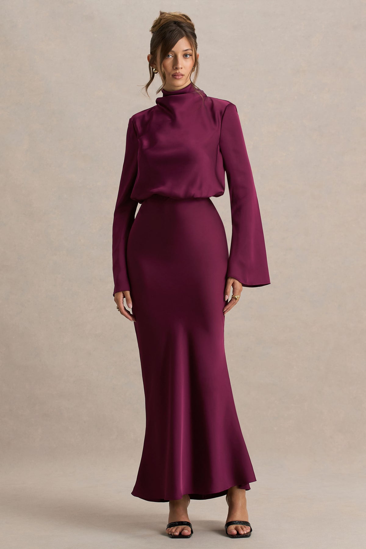 Celina Burgundy Satin High-Neck Maxi Dress Club L London - USA Celina Burgundy Satin High-Neck Maxi Dress Club L London - USA