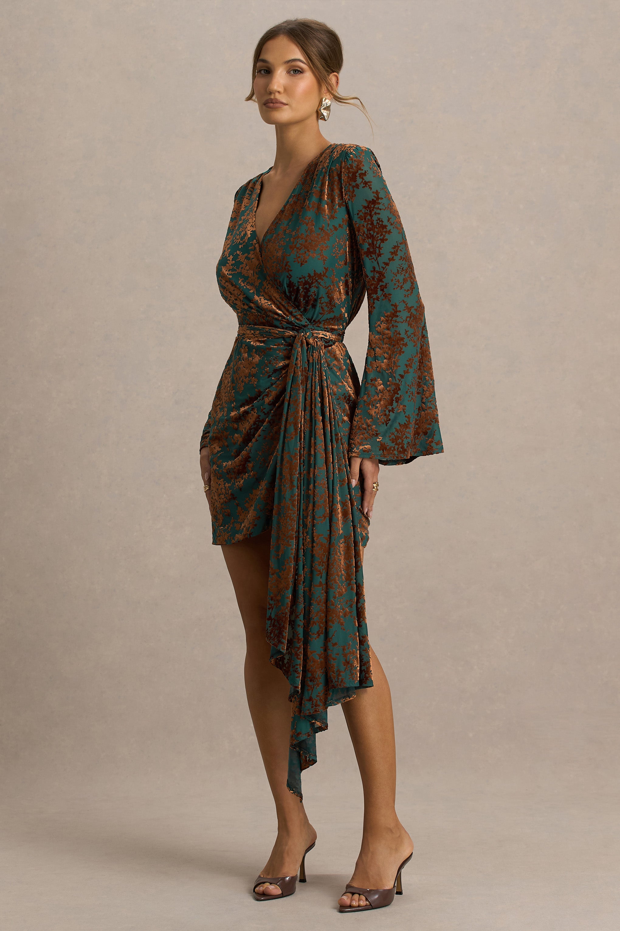Dimitra | Dark Green And Brown Velvet Devore Plunge-Neck Wrap Mini