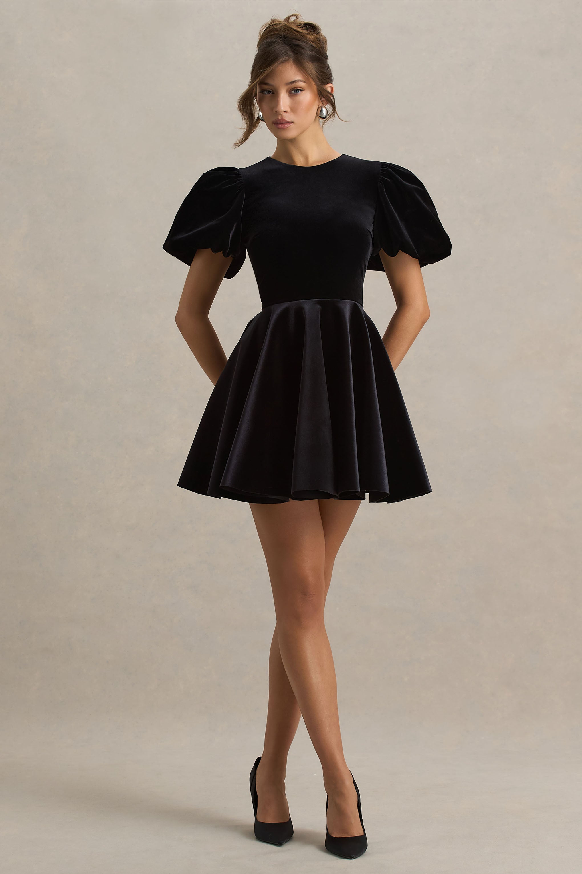Priya | Black Velvet Mini Dress With Puff Sleeves – Club L London