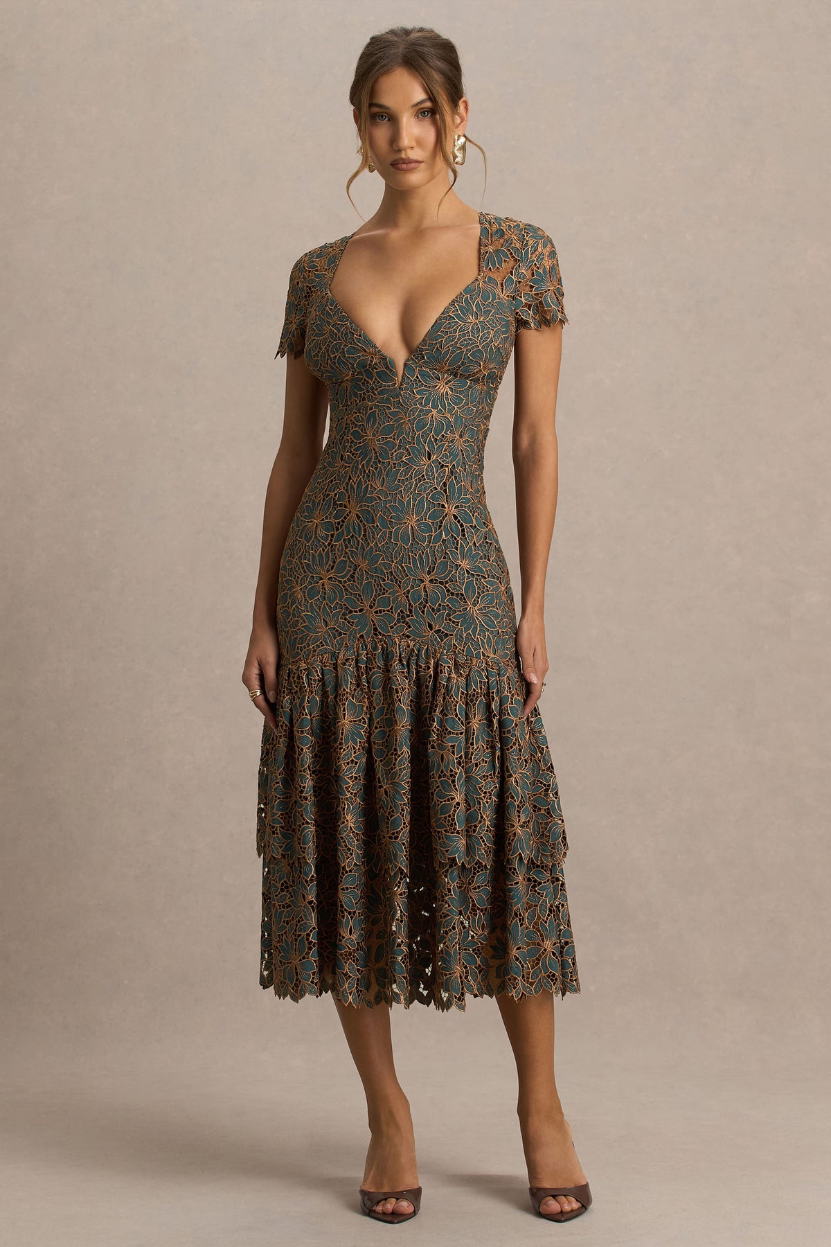 Sabrina Dark Green And Rust Embroidered Plunge-Neck Midi Dress Club L London - USA Sabrina Dark Green And Rust Embroidered Plunge-Neck Midi Dress Club L London - USA