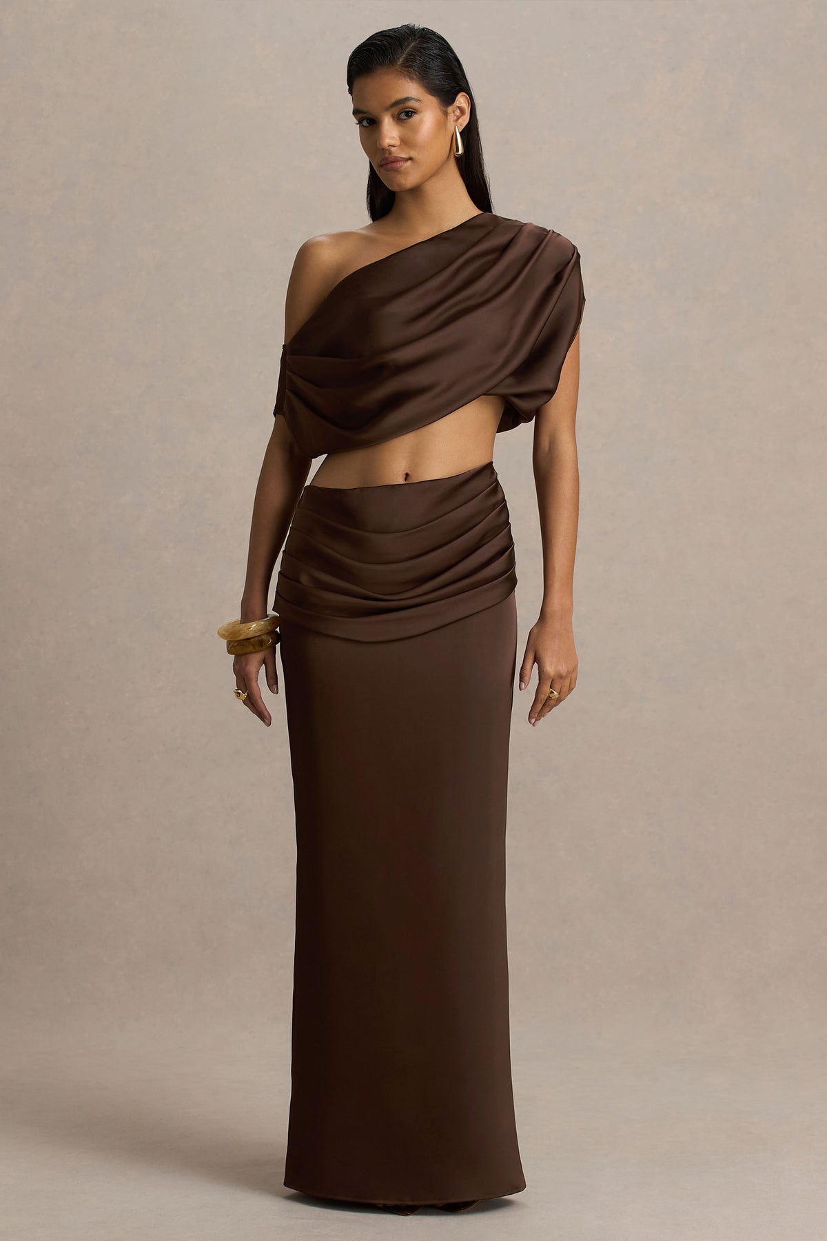 Megan | Brown Satin Wrap Maxi-Skirt With Gathered Detailing - UK 6 chocolate Megan | Brown Satin Wrap Maxi-Skirt With Gathered Detailing - UK 6 chocolate