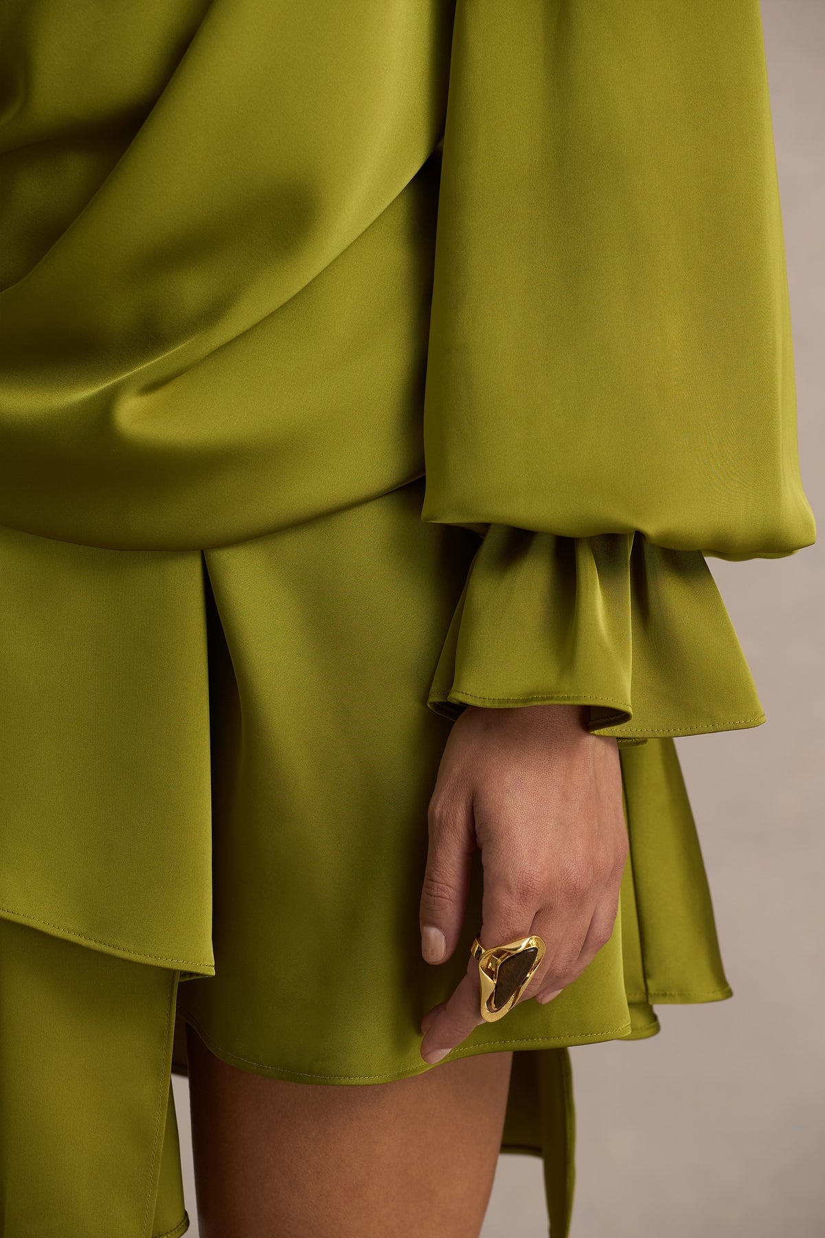 Cara Olive Satin Plunge-Neck Micro-Mini Dress With Long Sleeve Club L London - USA Cara Olive Satin Plunge-Neck Micro-Mini Dress With Long Sleeve Club L London - USA
