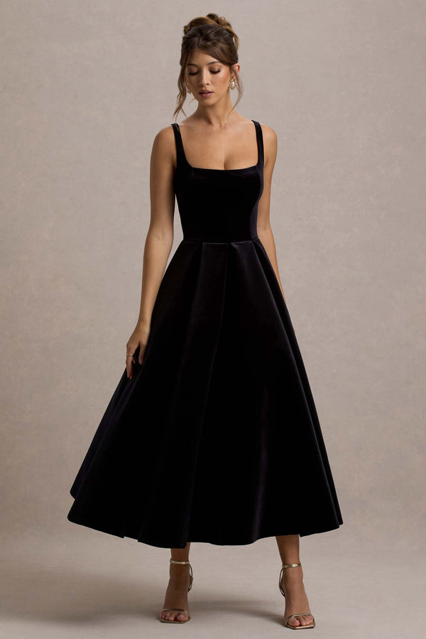 Francisca Black Velvet Strappy Volume-Hem Midi Dress – Club L