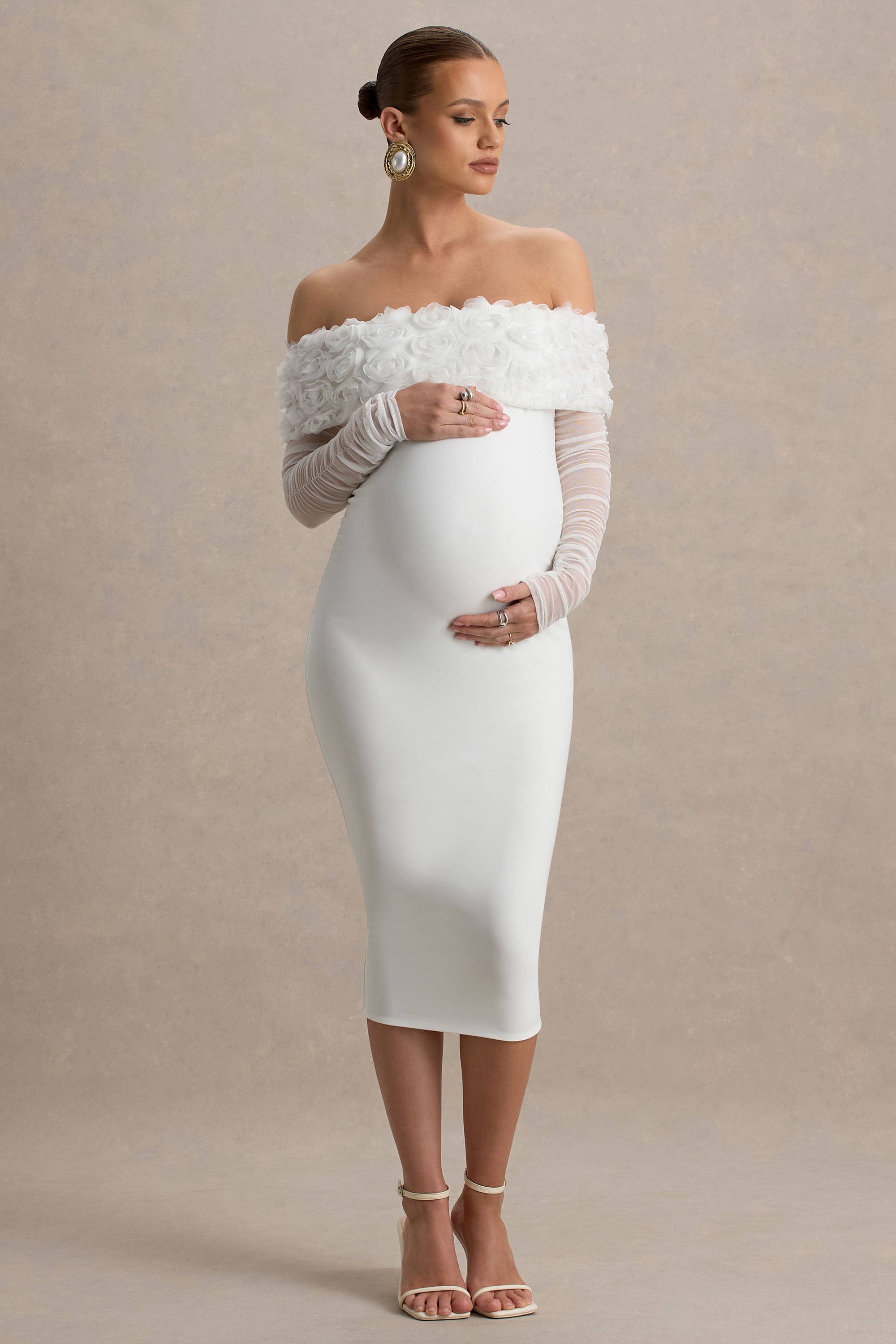 Adita | White Mesh Floral Bardot Maternity Midi Dress – Club L London