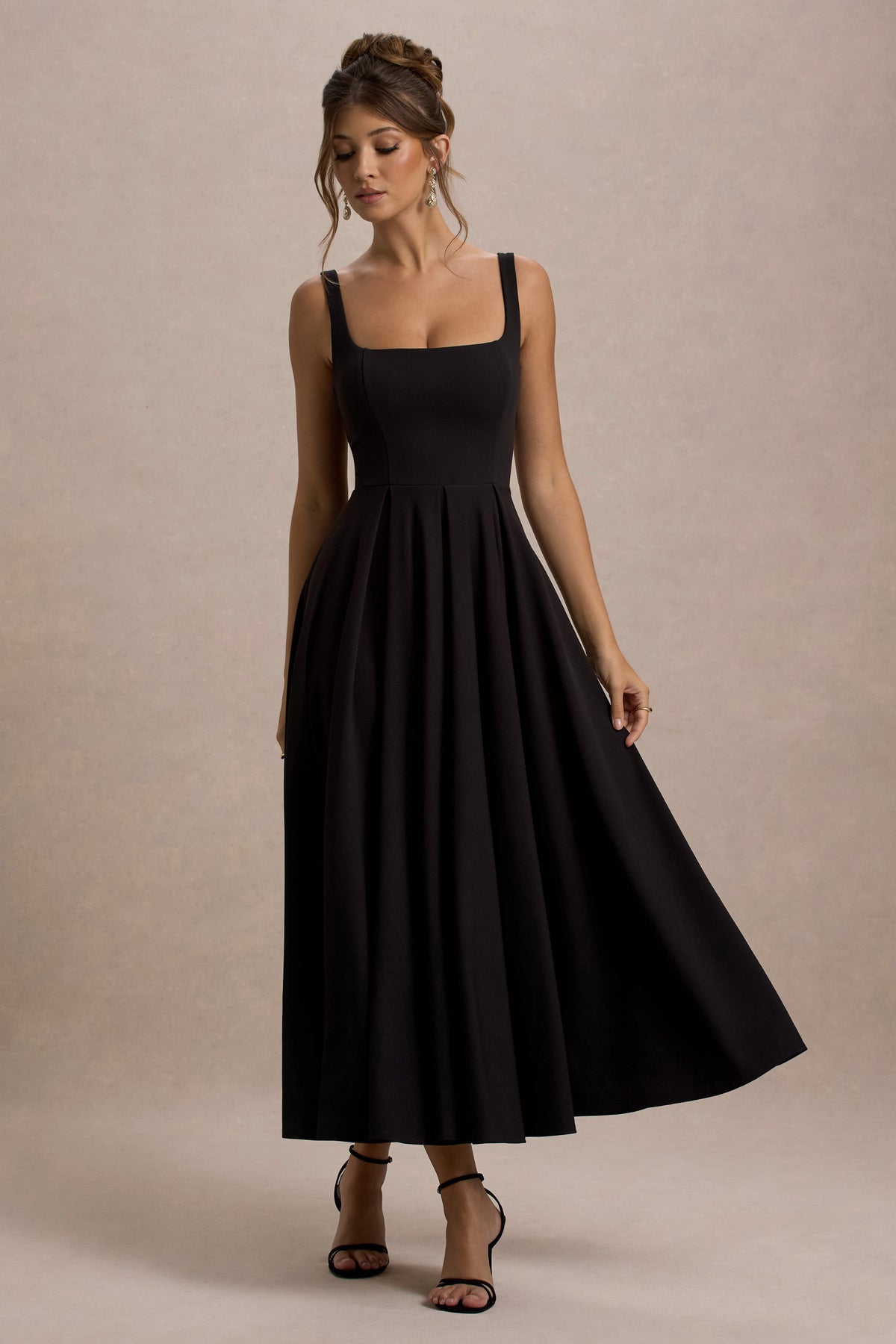 Parina | Black Strappy Volume-Hem Midi Dress, US 12 / Black Parina | Black Strappy Volume-Hem Midi Dress, US 12 / Black