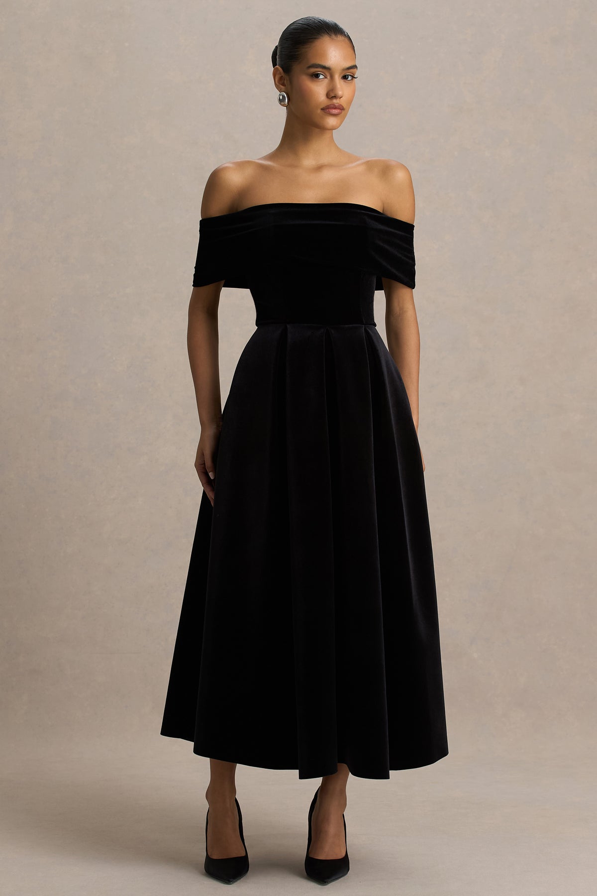 Ablaze | Black Velvet Bardot-Neck Midi Dress - UK 6 Black Ablaze | Black Velvet Bardot-Neck Midi Dress - UK 6 Black