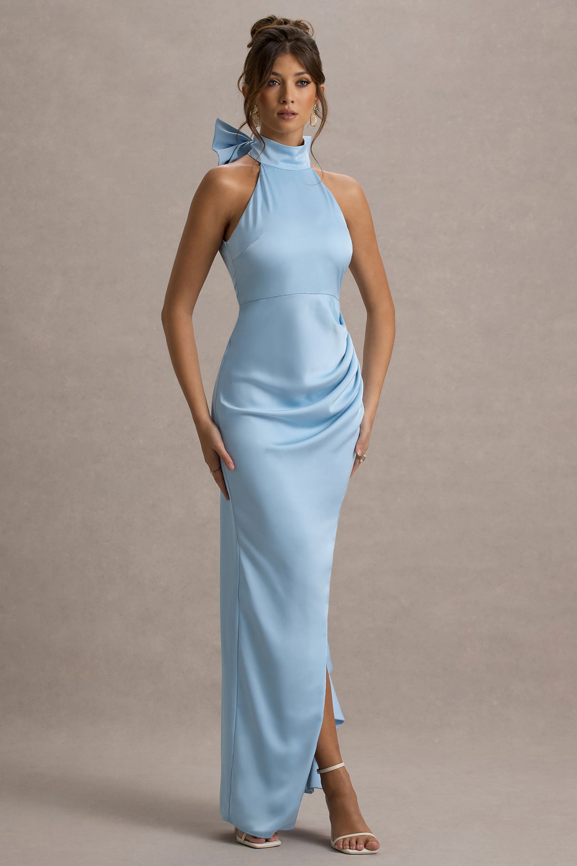 Maureen | Powder BLUE Satin High-Neck Draped Maxi Dress