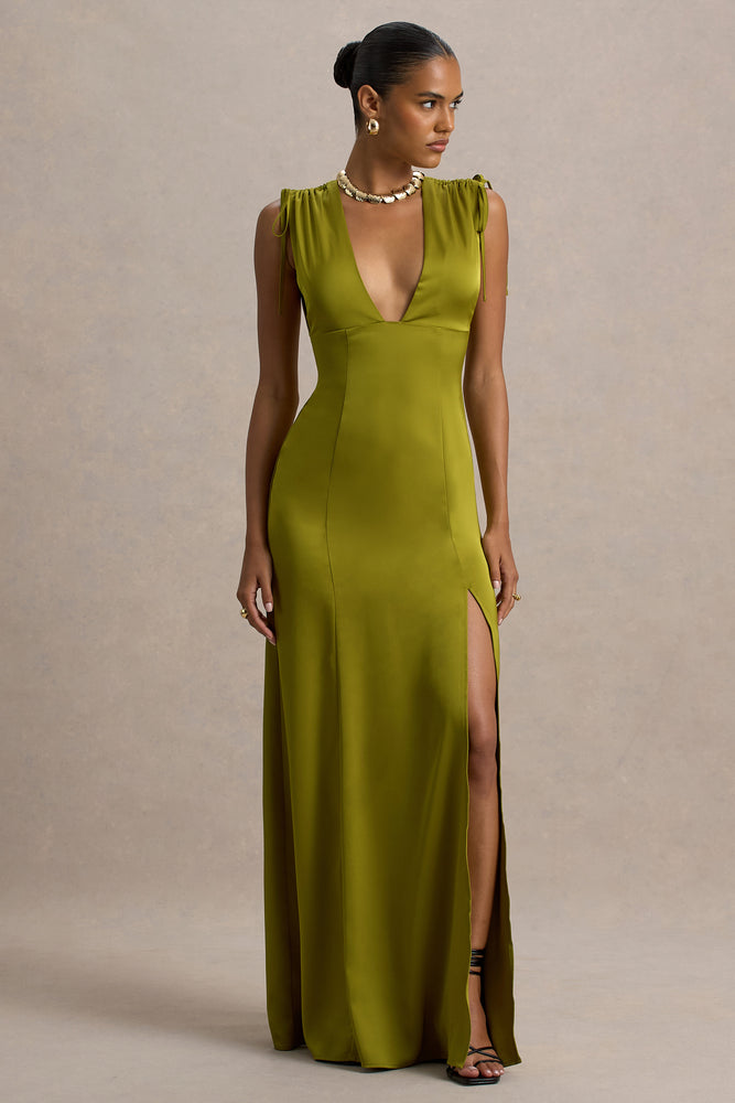 Ysabella Olive Satin Plunge-Neck Split Maxi Dress – Club L London