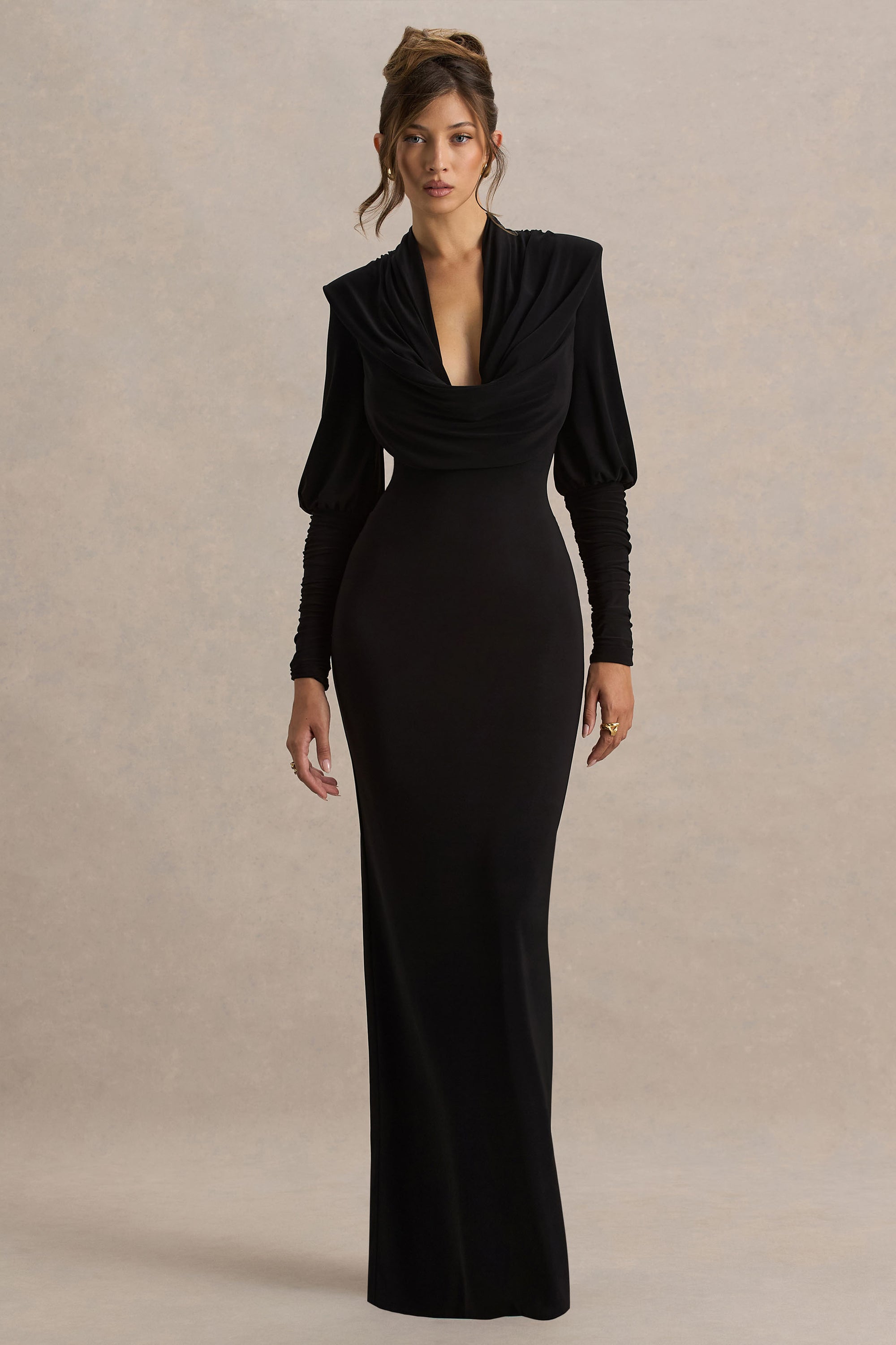 black cowl neck evening dress Anna Cowl Evening Dress Retrofete