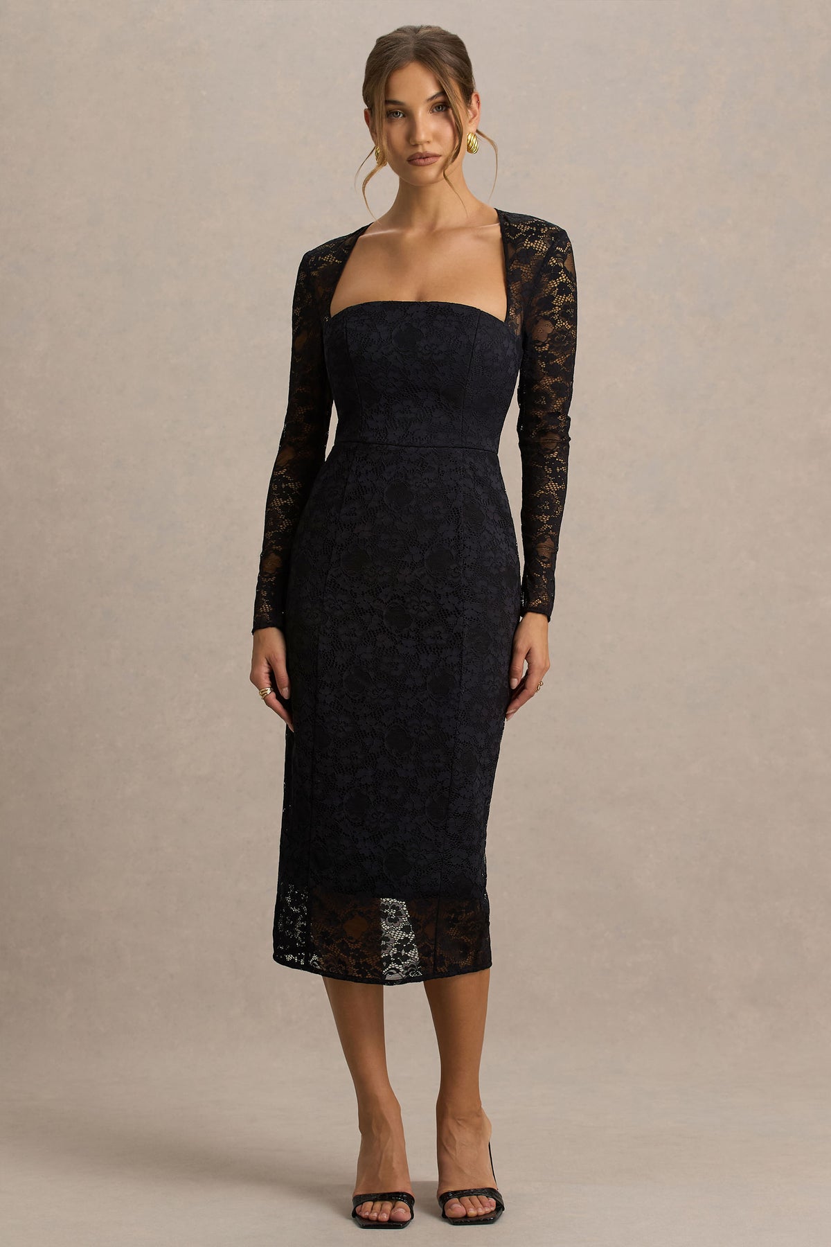 Alissa Black Lace Square-Neck Midi Dress Club L London - USA Alissa Black Lace Square-Neck Midi Dress Club L London - USA