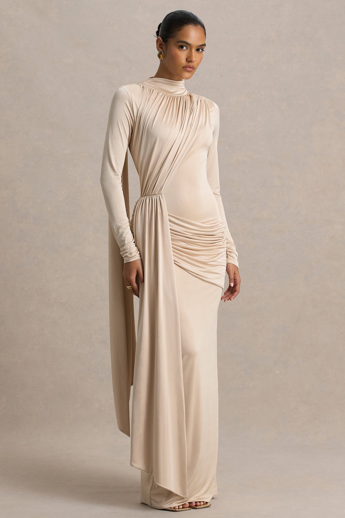 Romi Champagne High-Neck Maxi Dress With Ruched Detailing Club L London - USA Romi Champagne High-Neck Maxi Dress With Ruched Detailing Club L London - USA