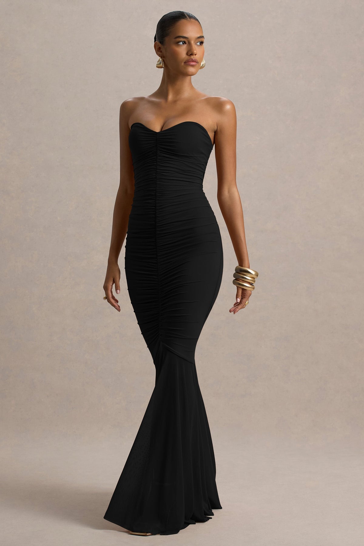 Talisa Black Bandeau Ruched Maxi Dress With Mesh Fishtail Club L London - USA Talisa Black Bandeau Ruched Maxi Dress With Mesh Fishtail Club L London - USA