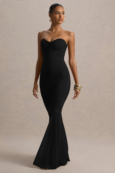 Talisa Black Bandeau Ruched Maxi Dress With Mesh Fishtail – Club L London