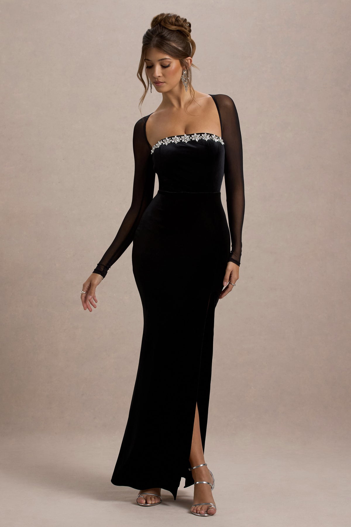 Ashby | Black Velvet Embellished Square-Neck Split Maxi Dress - UK 8 Black Ashby | Black Velvet Embellished Square-Neck Split Maxi Dress - UK 8 Black