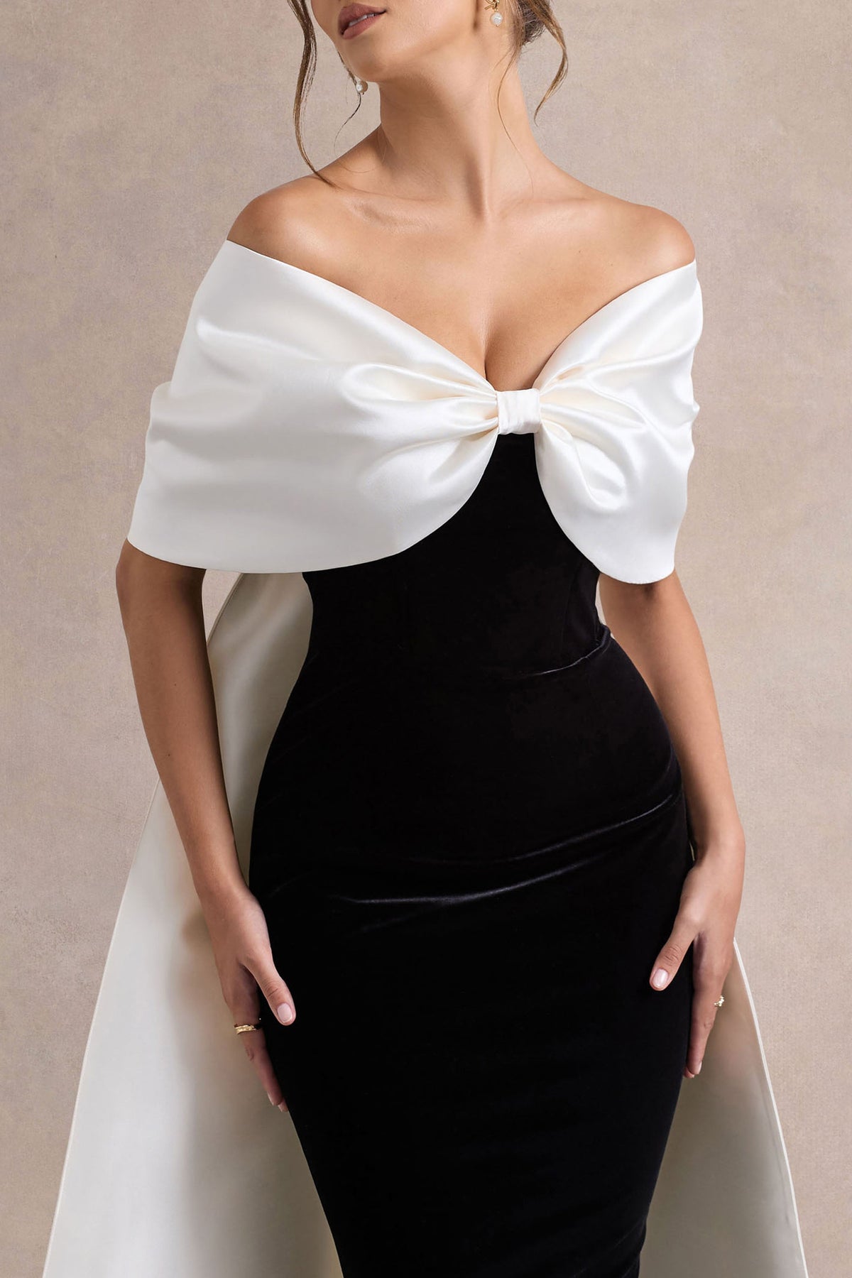 Wanting More | Black & White Satin Cape Maxi Dress With Oversized Bow Wanting More | Black & White Satin Cape Maxi Dress With Oversized Bow