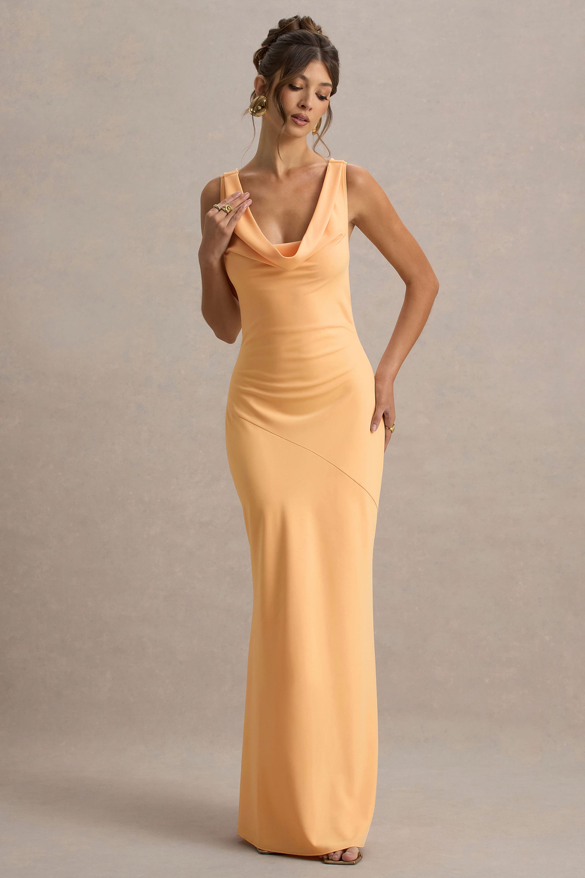 Alesso | Peach Satin Cowl-Neck Slip-Maxi Dress – Club L London