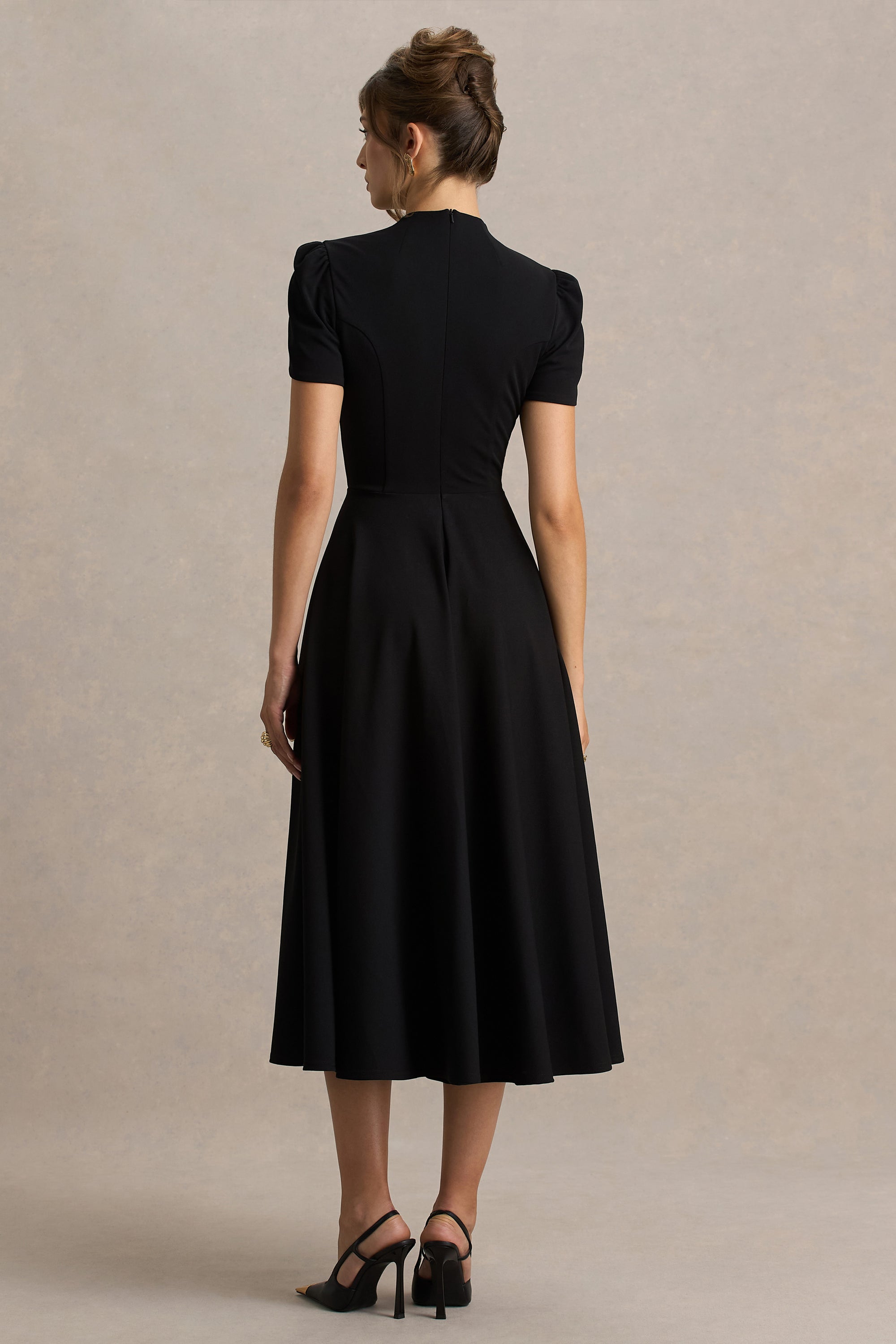 formal black midi dress with sleeves Cleo | Black Bodycon Midi Dress With Mesh Sleeves