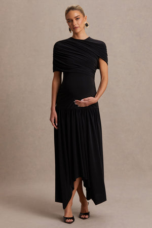 Eleni | Black Crew-Neck Maxi Dress With Cape-Sleeves And Drop Waist