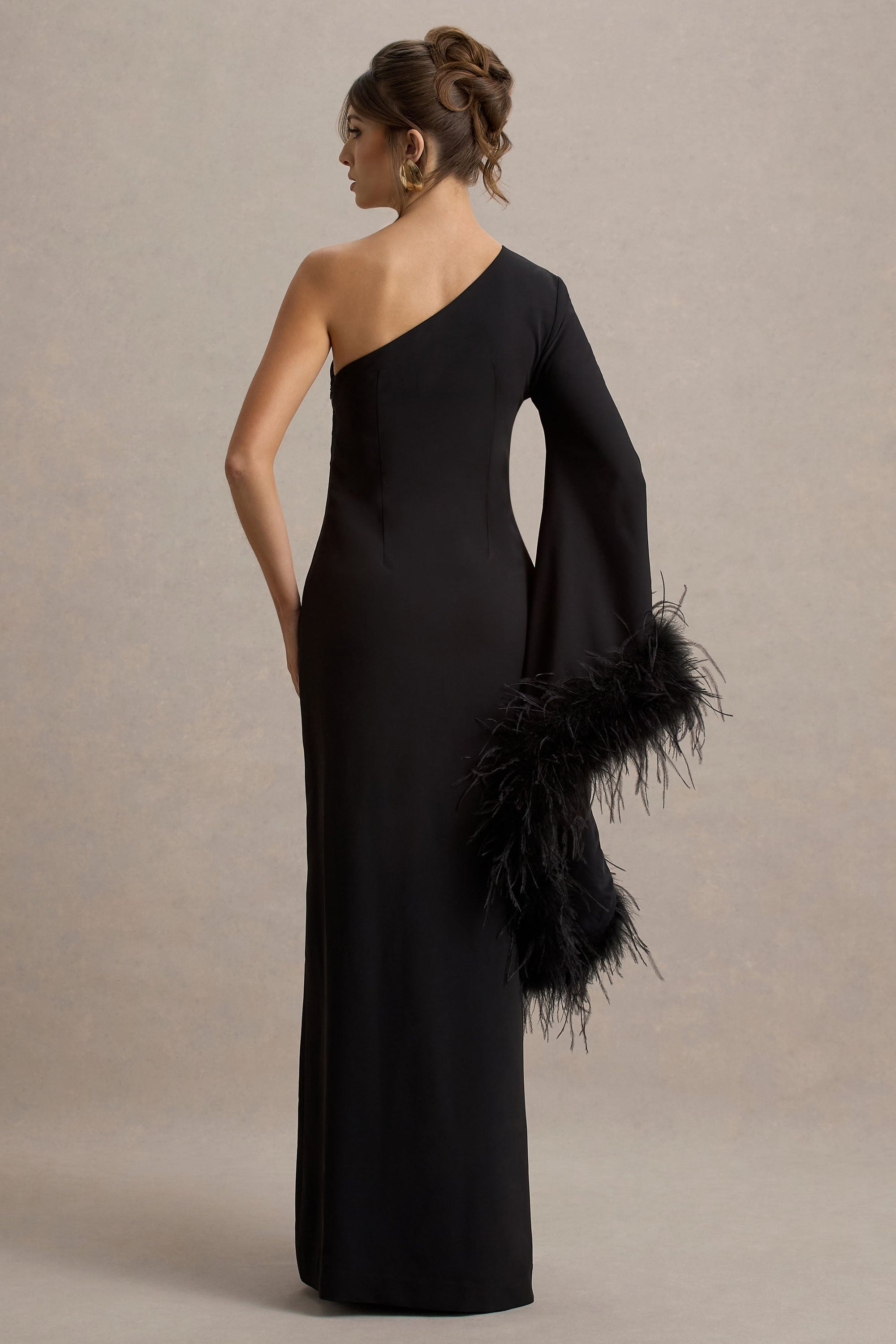 Armina | Black One-Shoulder Feather-Trim Maxi Dress – Club L London