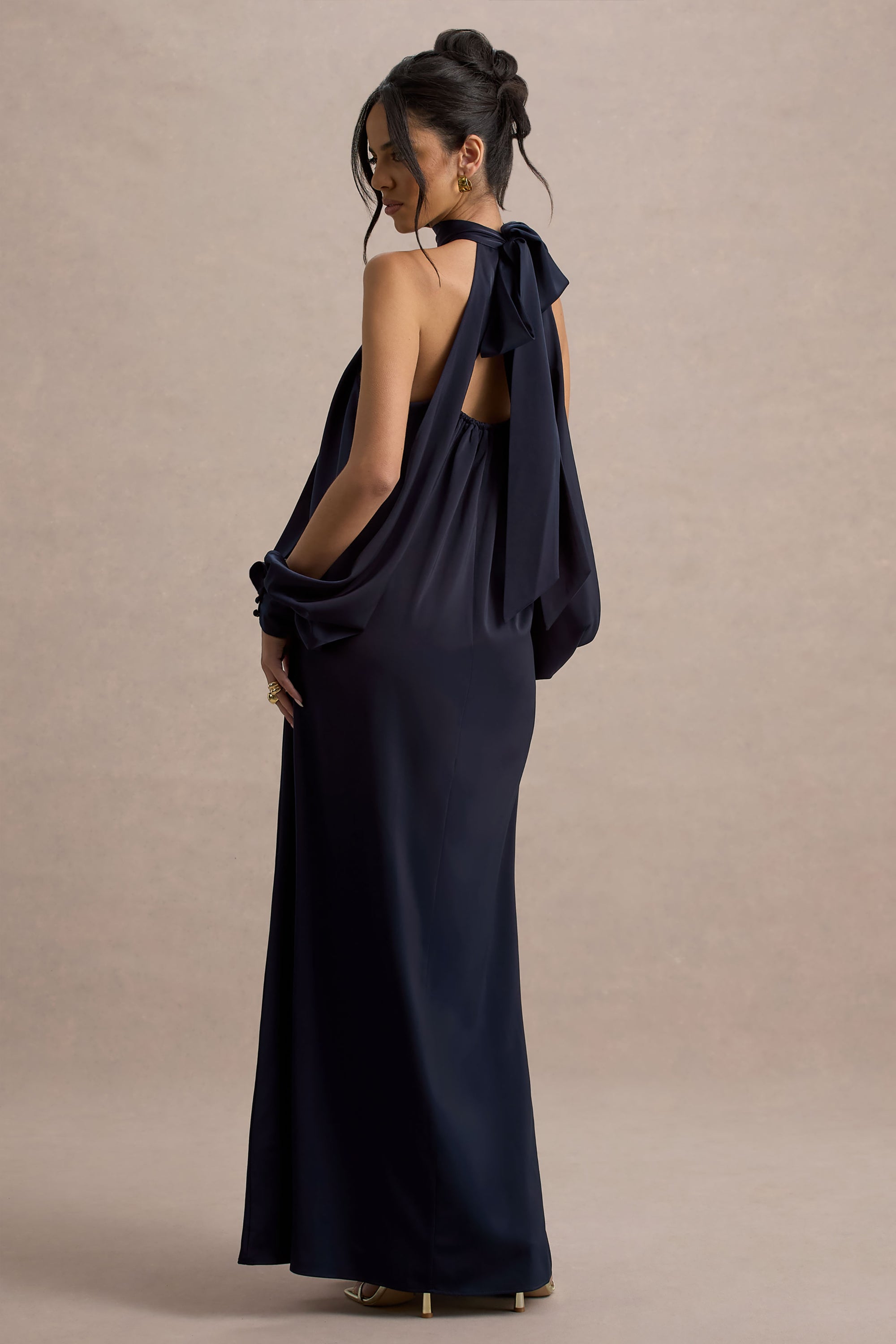 Baila | NAVY Satin High-Neck Cape-Sleeve Maxi Dress