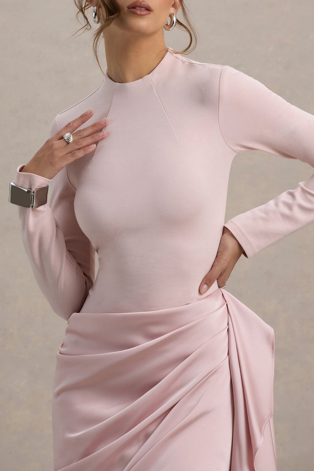 Raffie Pink Long-Sleeve Midi Dress With Satin Wrap Skirt Club L London - USA Raffie Pink Long-Sleeve Midi Dress With Satin Wrap Skirt Club L London - USA