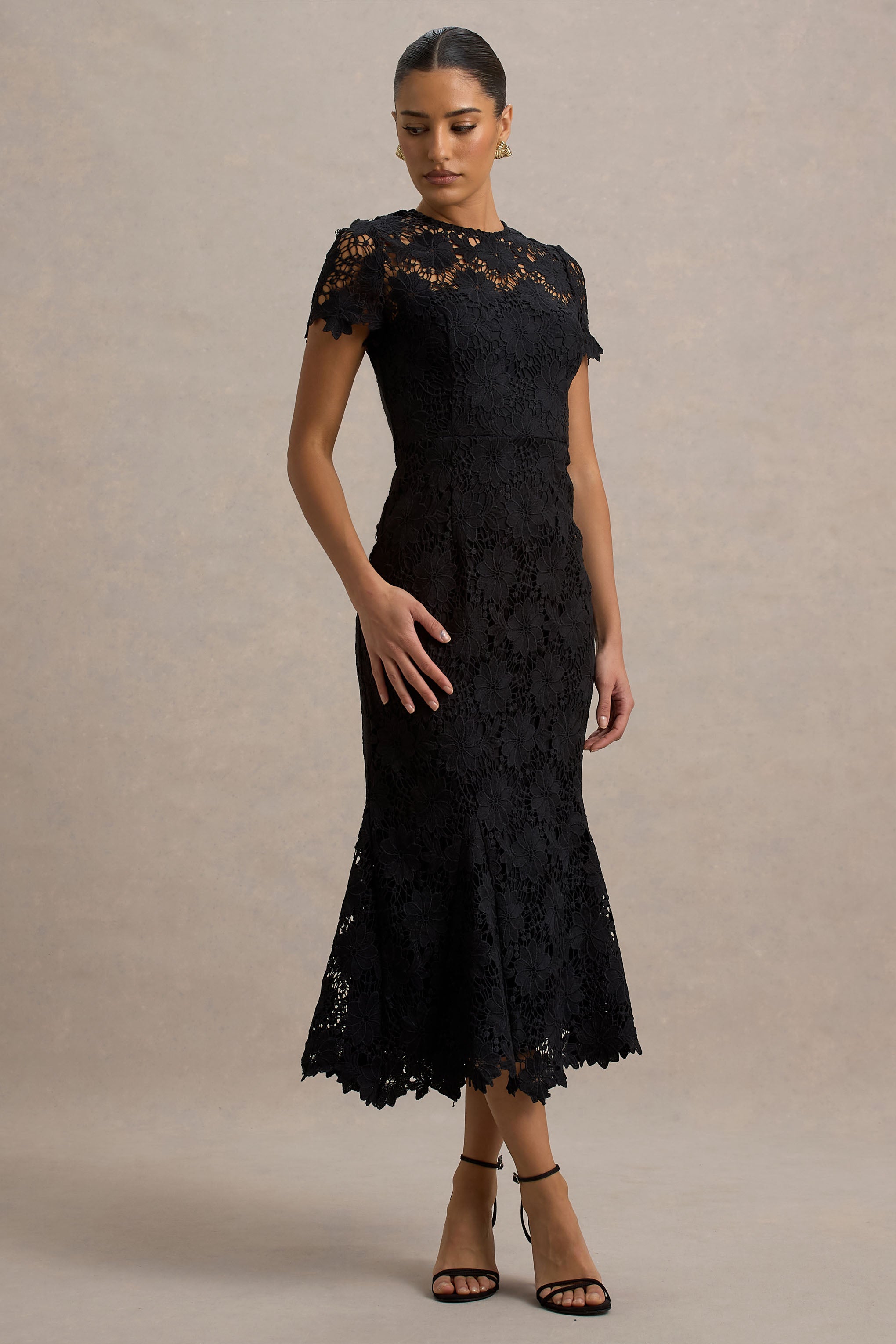 Clarissa | Black Lace Short-Sleeve Midi Dress – Club L London - USA