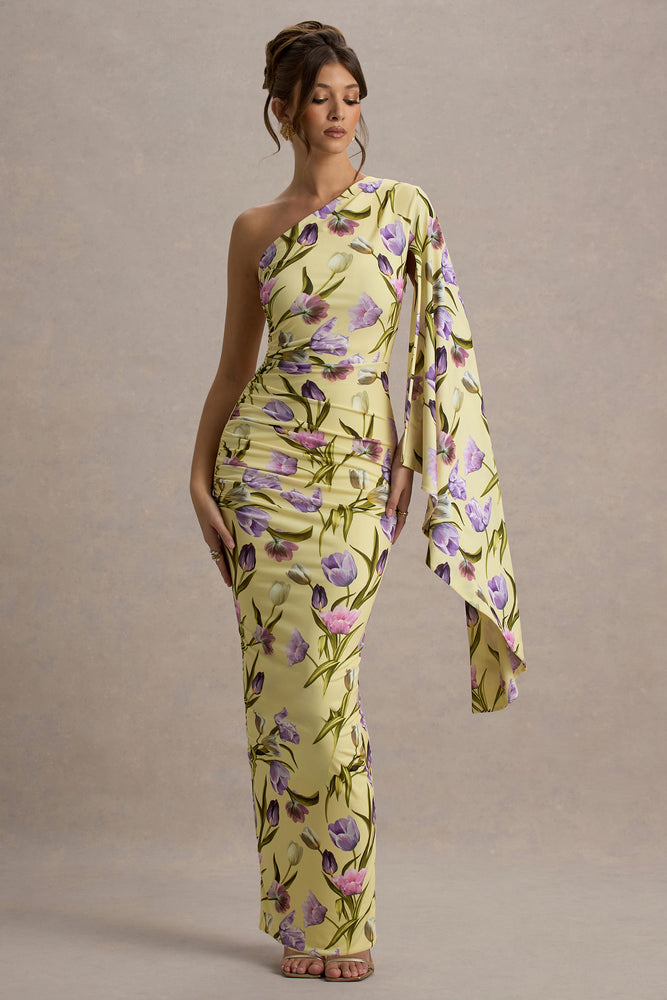 Clementina Tulip Floral Print Asymmetric Cape Sleeve Maxi Dress – Club L  London