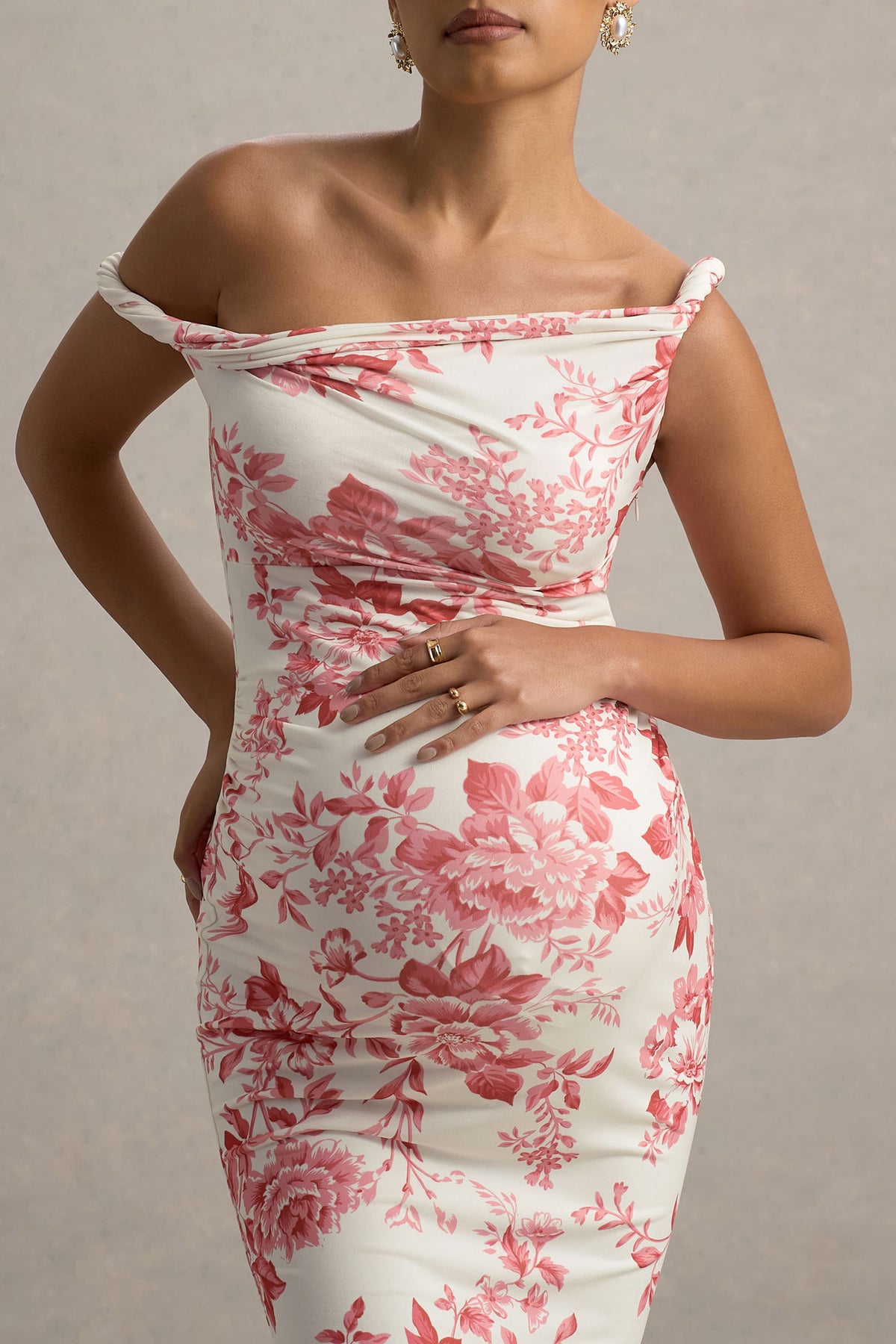 Salome Pink Floral Print Twisted Asymmetric Maternity Midi Dress Club L London - USA Salome Pink Floral Print Twisted Asymmetric Maternity Midi Dress Club L London - USA