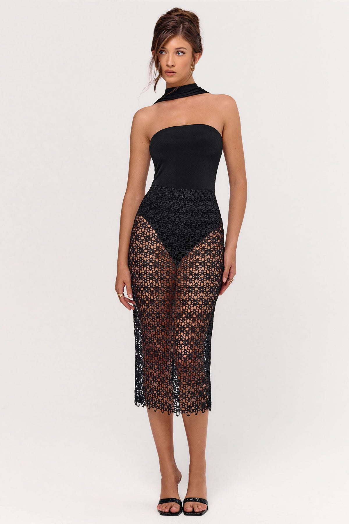 Tamala | Black High-Neck Midi Dress With Lace Skirt