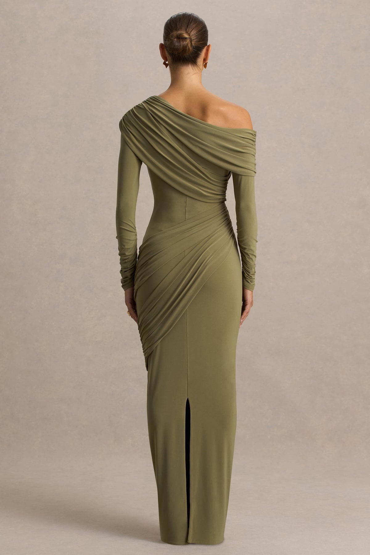 Perrie | Olive Asymmetric-Neck Maxi Dress With Ruched Detailing - UK 16 MARTINI Olive Perrie | Olive Asymmetric-Neck Maxi Dress With Ruched Detailing - UK 16 MARTINI Olive