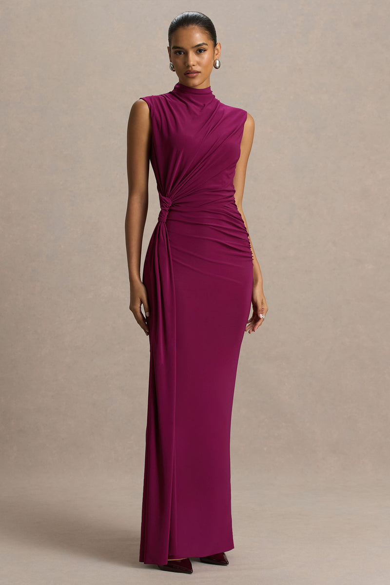Premiere | Burgundy Boat-Neck Maxi Dress With Open-Back And Cape-Sleeves main image 0