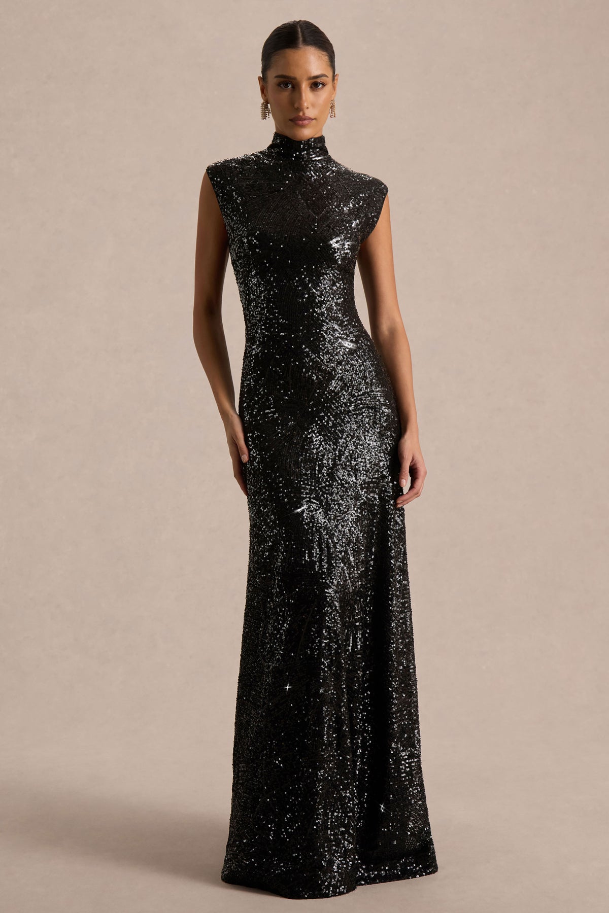 Cecy | Black Sequin High-Neck Maxi Dress With Cap Sleeves - UK 14 Black Cecy | Black Sequin High-Neck Maxi Dress With Cap Sleeves - UK 14 Black