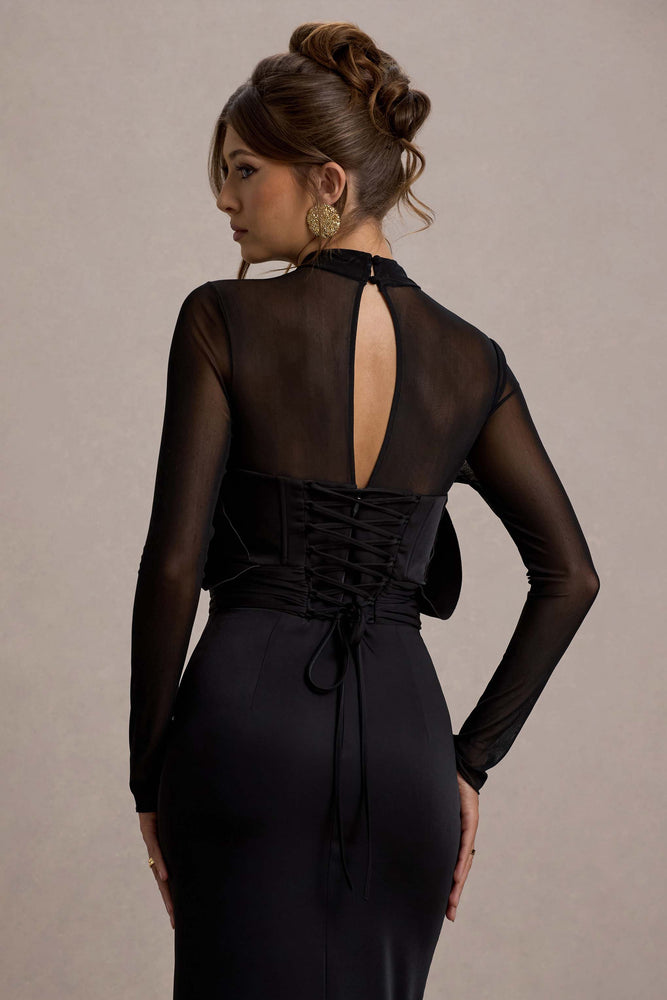 Alder Black Mesh Long-Sleeve Ruffled Split Maxi Dress – Club L London