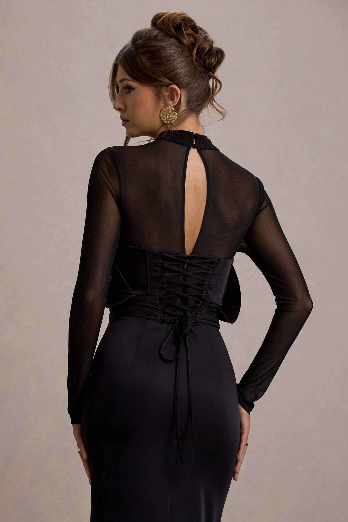 Alder Black Mesh Long-Sleeve Ruffled Split Maxi Dress Club L London - USA Alder Black Mesh Long-Sleeve Ruffled Split Maxi Dress Club L London - USA