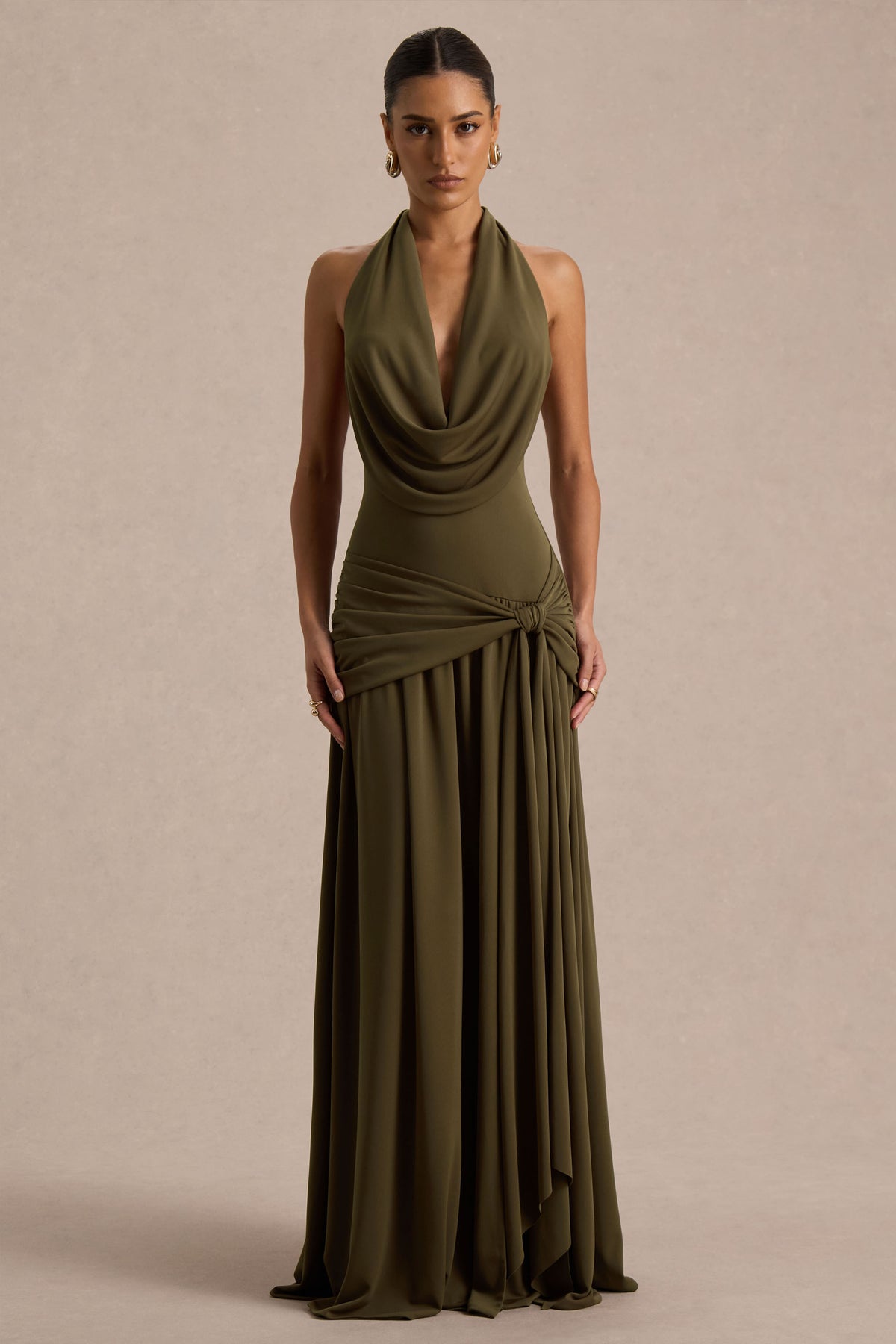 Mist | Olive Plunge-Neck Maxi Dress with Knot-Detail and Open-Back - UK 12 Olive Mist | Olive Plunge-Neck Maxi Dress with Knot-Detail and Open-Back - UK 12 Olive