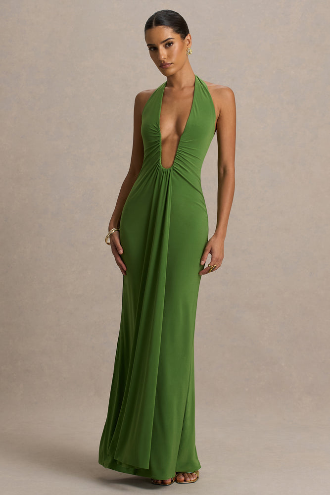 hera maxi dress Hera Green Extreme Plunge Maxi Dress With Ruched Detail – Club L London
