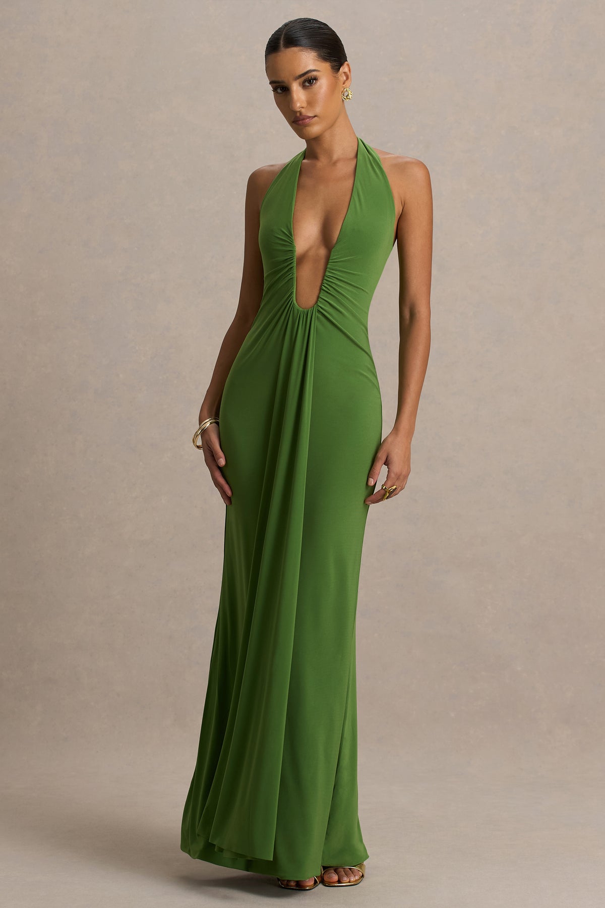 Hera Green Extreme Plunge Maxi Dress With Ruched Detail Club L London - USA Hera Green Extreme Plunge Maxi Dress With Ruched Detail Club L London - USA