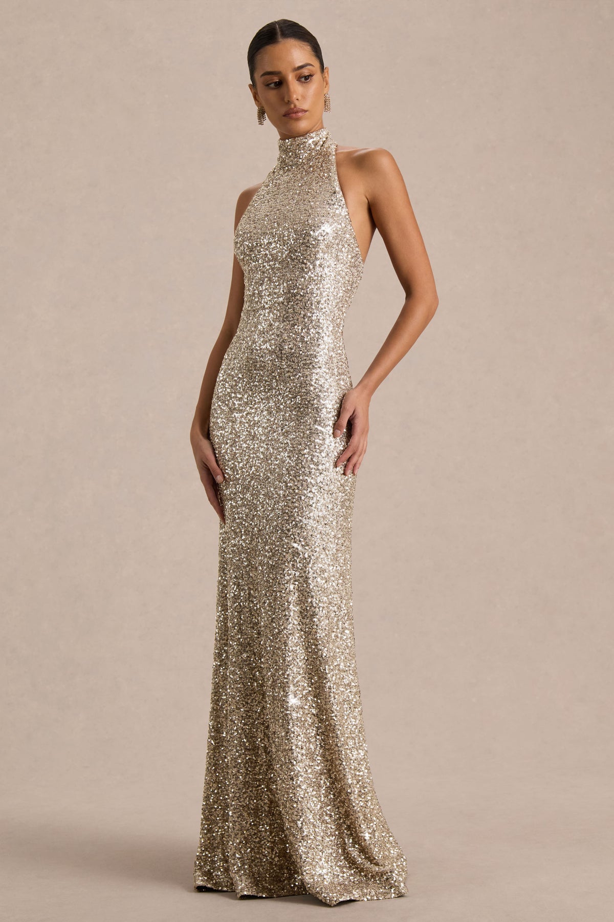 Tulia | Gold Sequin High-Neck Maxi Dress - UK 14 champagne Tulia | Gold Sequin High-Neck Maxi Dress - UK 14 champagne